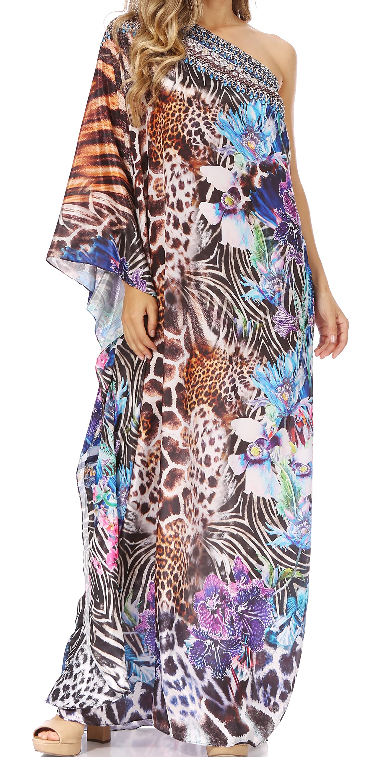 Sakkas Dora Women's One Shoulder Short Sleeve Floral Print Maxi Dress - Elegant Casual Summer Beach Party Wedding Guest Dress