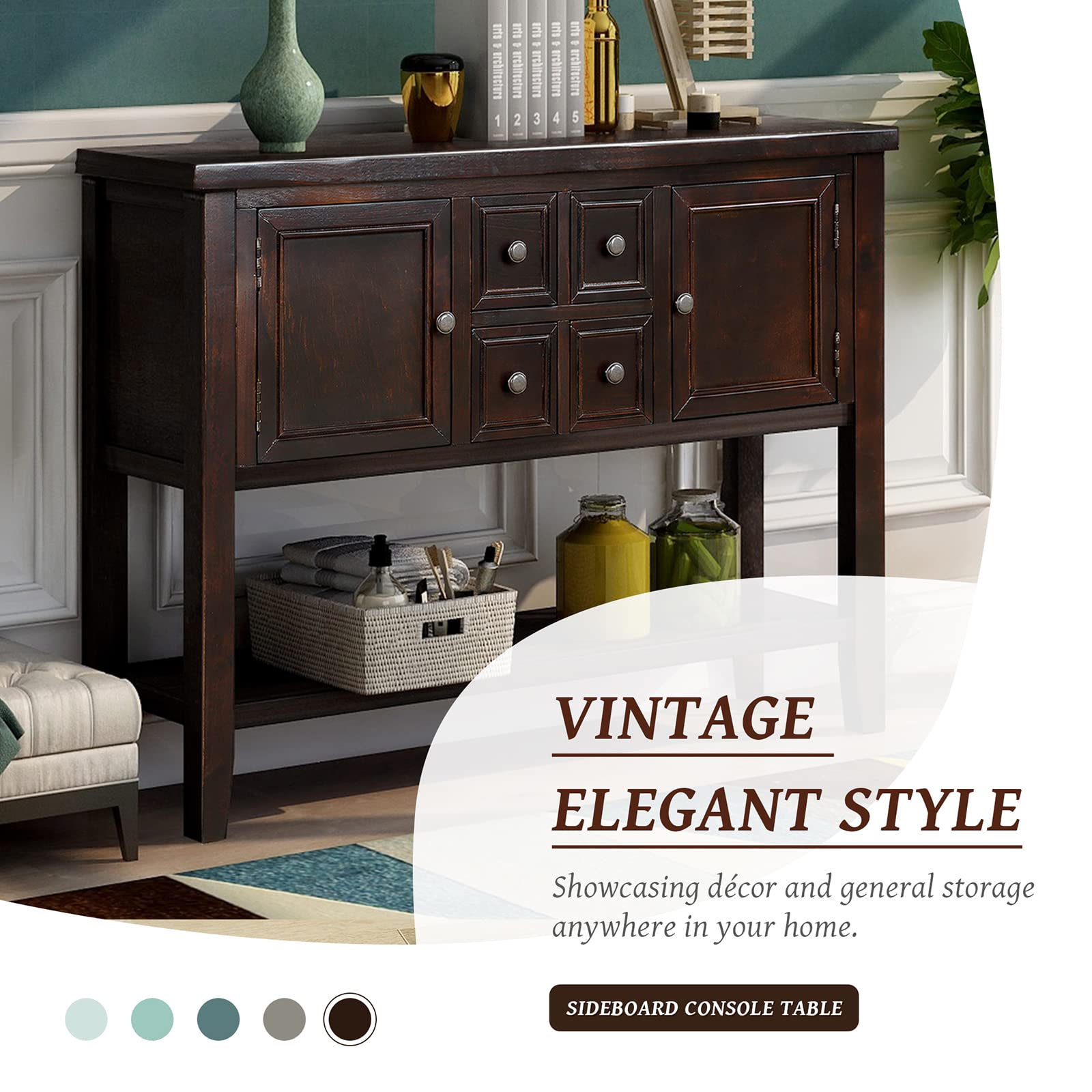 Distressed Buffet Sideboard - Retro Wooden Console Table for Kitchen, Dining & Living Room - Coffee Station & Storage