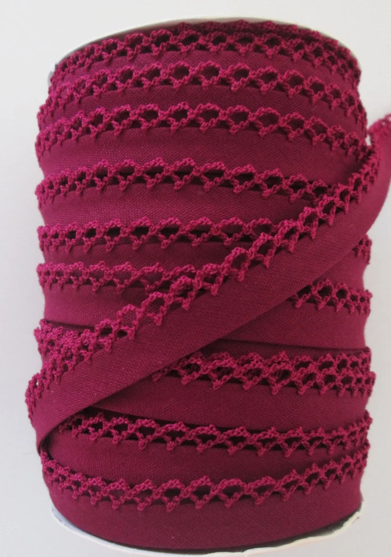 Cranberry Solid Double Fold Lace Bias Tape by the Yard - Perfect for Sewing, Quilting, and DIY Garment Trims