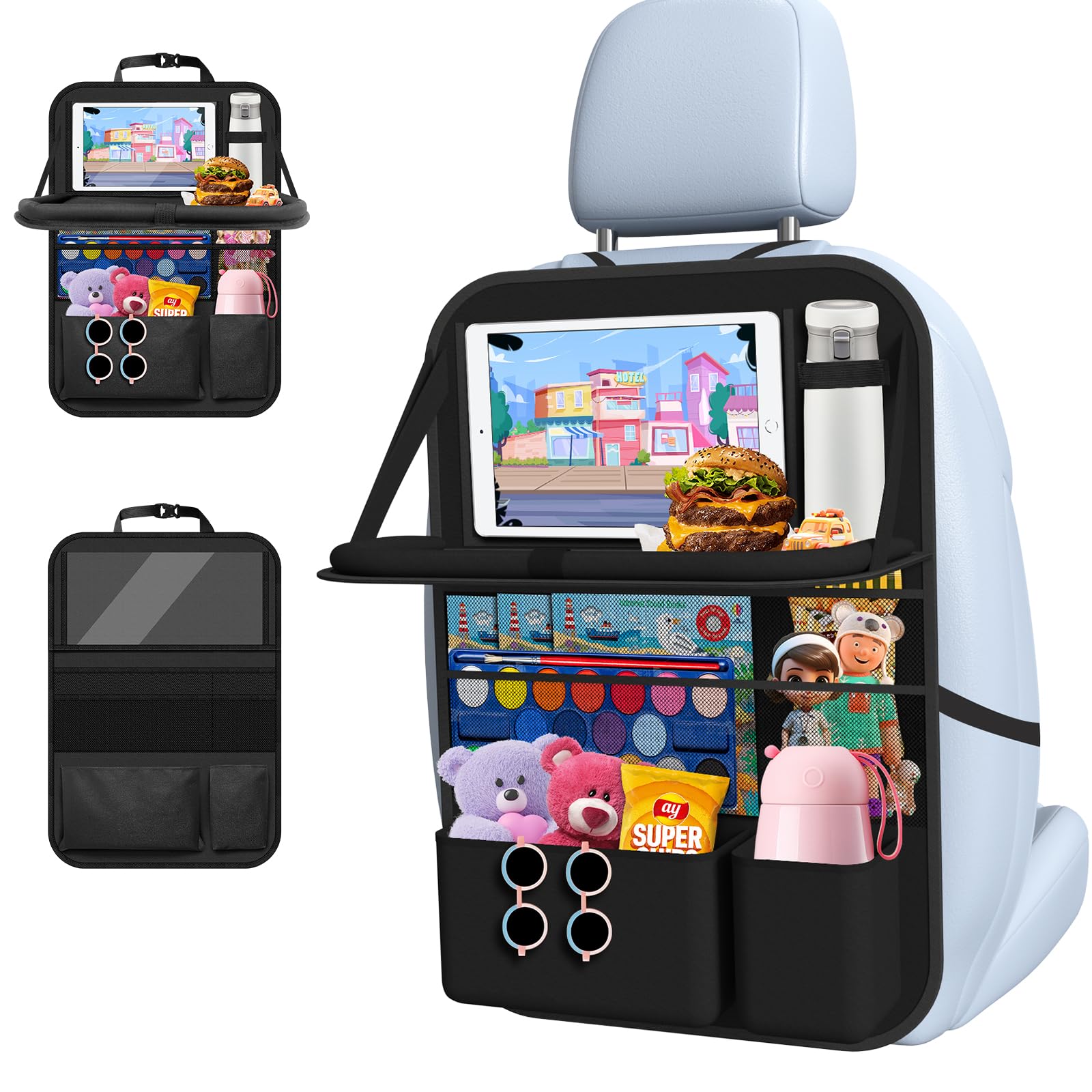 Car Backseat Organizer with Table Tray - 9 Storage Pockets & Tablet Holder for Kids Road Trips, Travel Essentials - Perfect for Family Vacations & Long Drives (1 Pack)