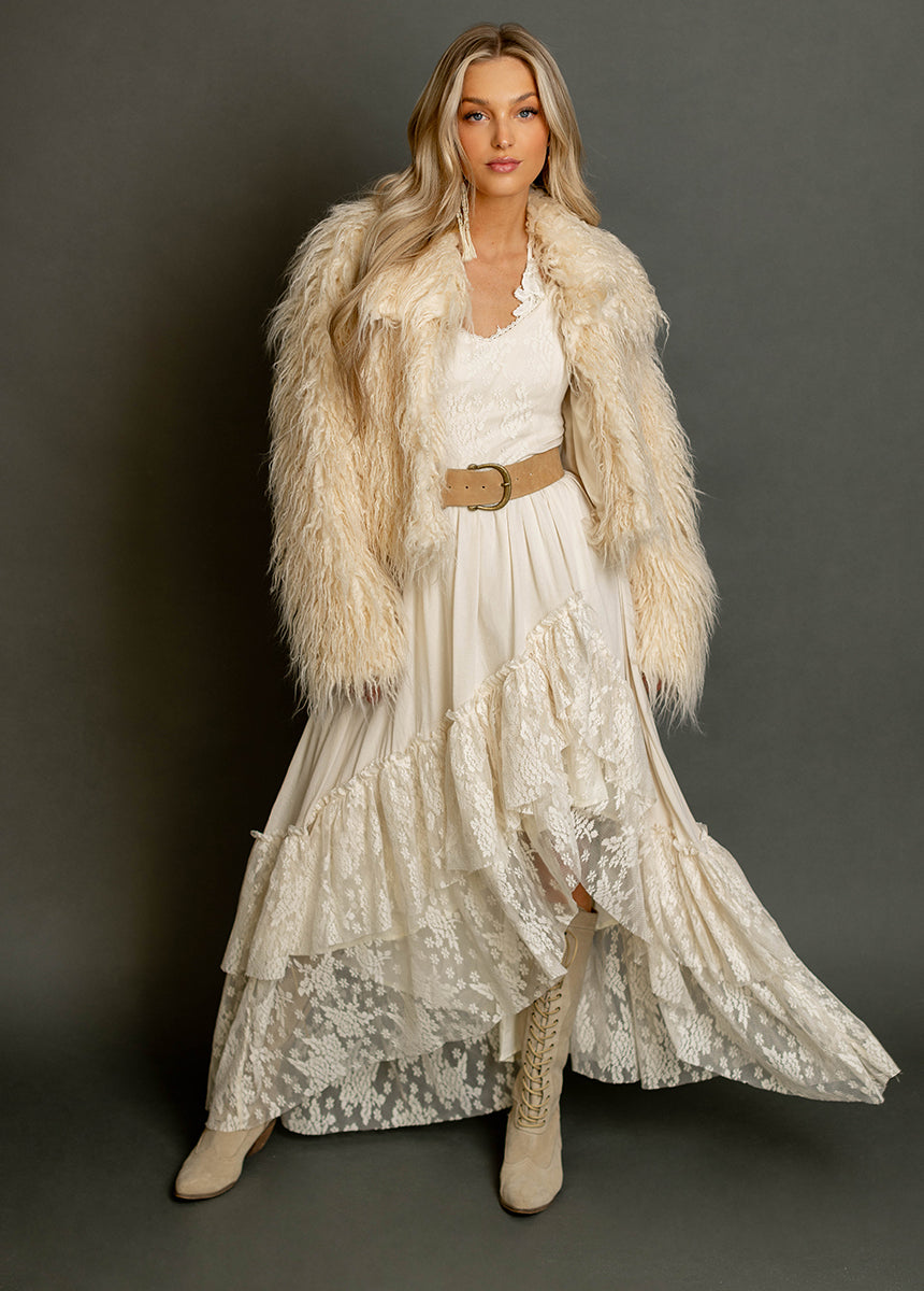 Luxury Cream Fur Coat for Women - Gladys Faux Fur Winter Coat with Hood, Warm Plush Outerwear for Cold Weather - Perfect for Winter Fashion, Parties, and Outdoor Activities