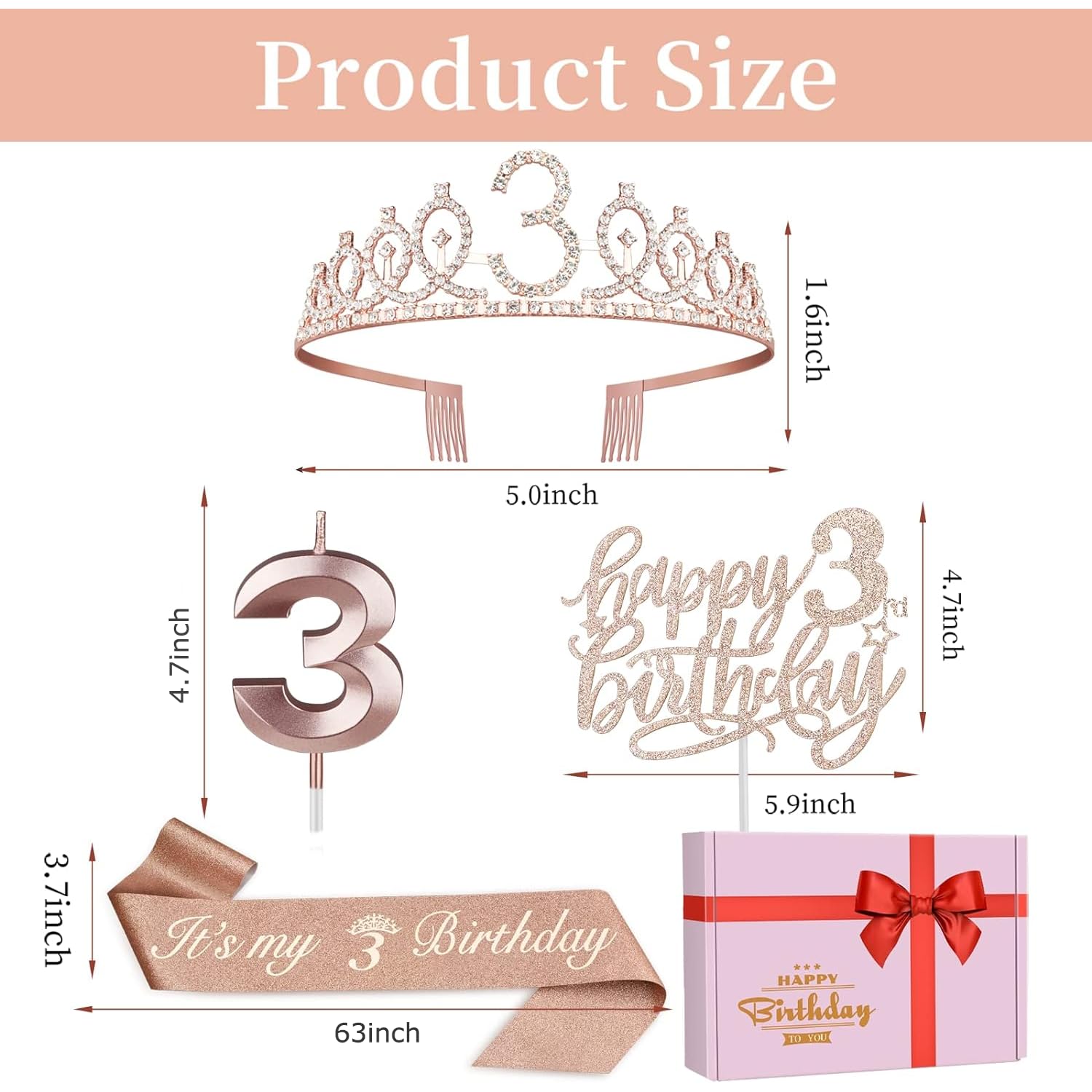 3rd Birthday Party Decorations for Girls - Pink Princess Tiara, Sash, Candles & Cake Toppers Set | Perfect 3 Year Old Girl Birthday Gifts | Great for Princess Themed Parties, Photo Booths & Birthday Celebrations