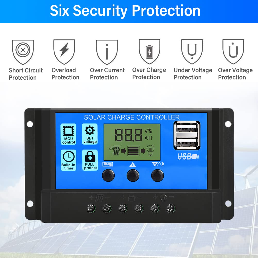 10A PWM Solar Charge Controller - 12V/24V LCD Display Intelligent Regulator for Solar Panels & Batteries - Perfect for Street Lights, RV, Marine & Off-Grid Power Systems