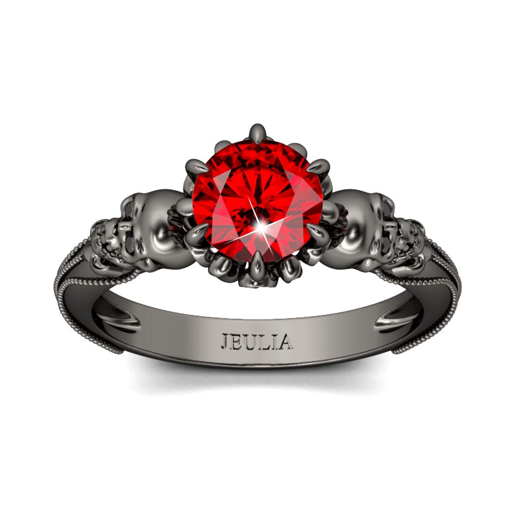 Jeulia 2.5 Carat Black Gothic Wedding Band for Women - 925 Sterling Silver Skull Eternity Ring with Round Cut Diamond & Ruby - Unique Promise, Anniversary & Romantic Jewelry Gift for Her - Perfect for Gothic Weddings, Halloween & Alternative Fashion Lovers