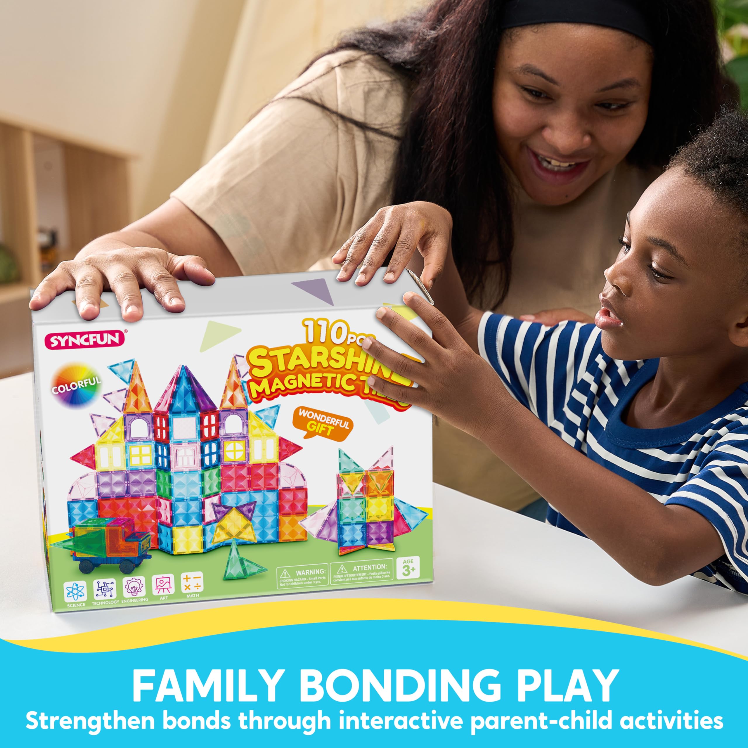 SYNCFUN 110PCS Magnetic Building Blocks for Kids - STEM Educational Construction Toys with 3D Vehicle Tiles - Sensory Learning Toys for 3 4 5 6 7 Year Old Boys & Girls - Perfect Birthday Gift for Creative Play & Early STEM Development