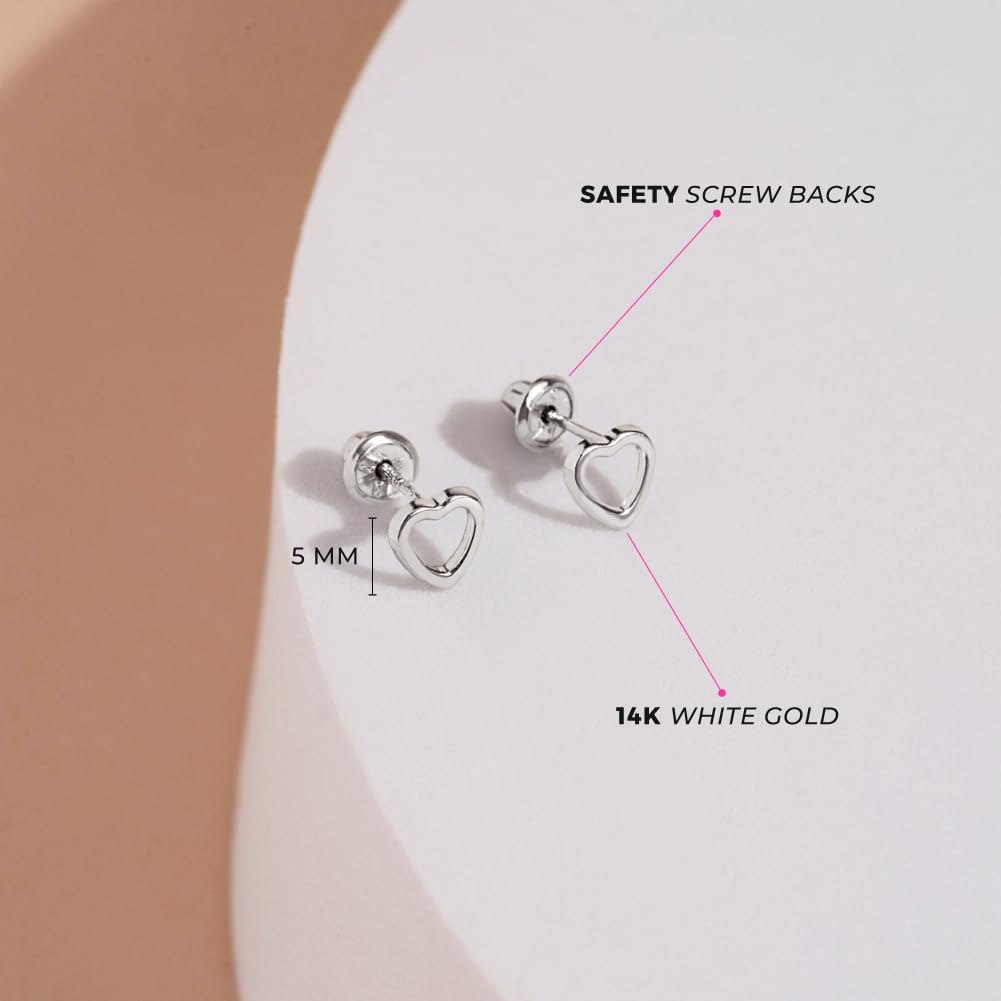 14K White Gold 5mm Open Heart Screw Back Earrings for Baby Girls & Toddlers - Small Stud Earrings Set with Safety Lock for Little Girls - Tiny Heart Earrings for Kids - Perfect for Birthdays, Baptisms & First Piercing Gifts