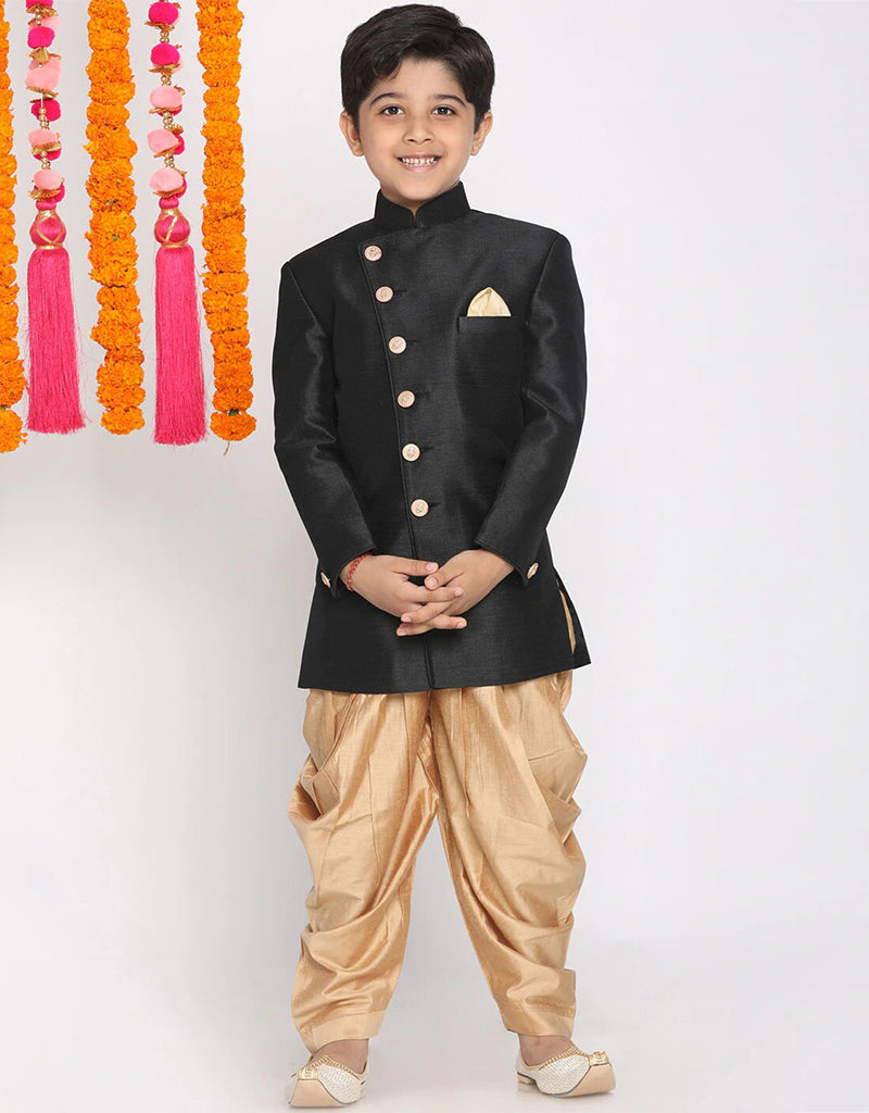 Black Kurta Dhoti Set in Premium Dhupion Silk for Men - Traditional Indian Ethnic Wear for Weddings & Festivals