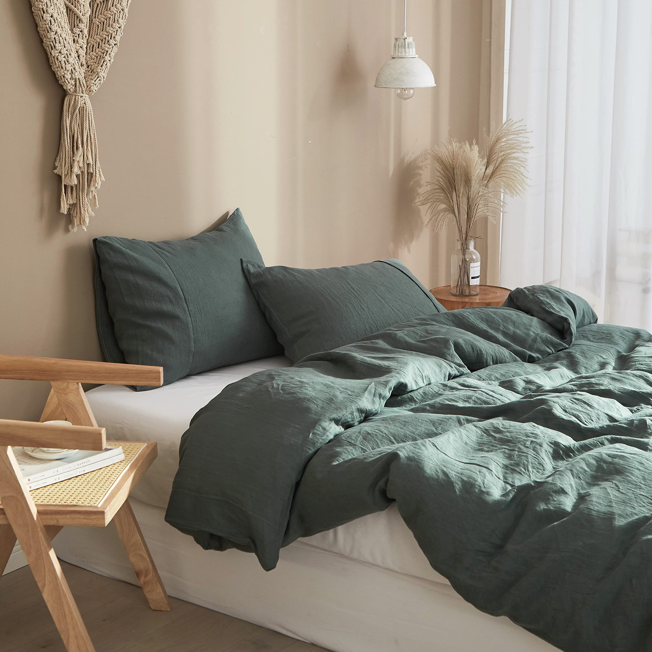 **Ivory Green Linen Duvet Cover King Size – 100% Pure Washed French Flax Linen Bedding Set (3-Piece) – Soft, Breathable & Natural – Includes 1 Duvet Cover & 2 Pillow Shams – Perfect for Eco-Friendly & Luxurious Bedroom Decor**