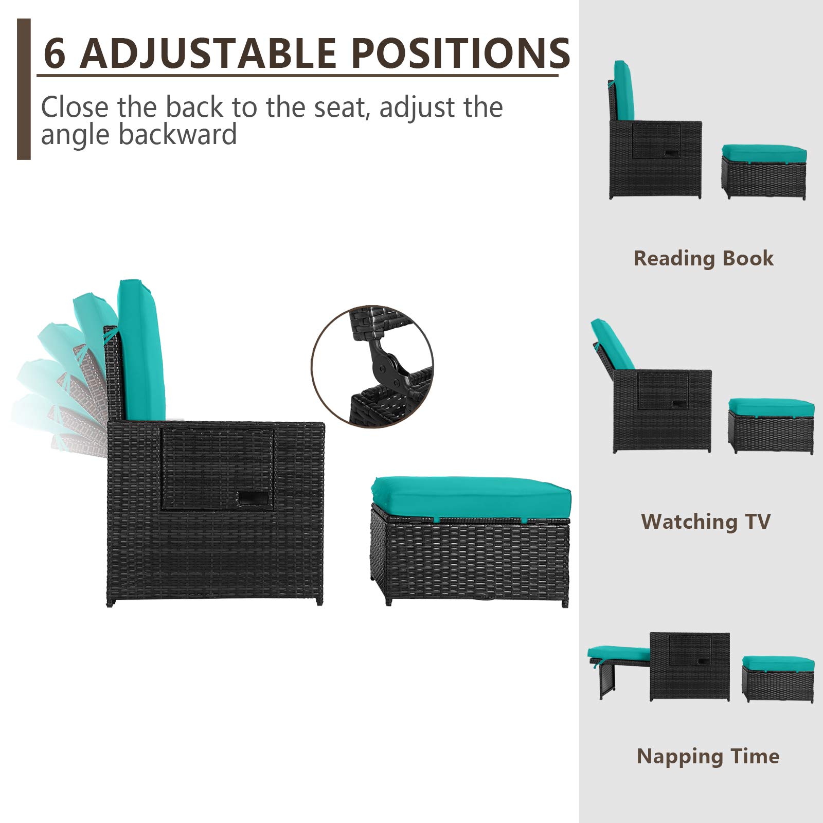 5PCS Outdoor PE Rattan Patio Furniture Set - Adjustable Backrest Loveseat Sofa, Coffee Table & Ottoman - Perfect for Garden, Beach, Poolside, Balcony, Backyard & Deck - Weather-Resistant Wicker Lounge Set for Relaxing Outdoors