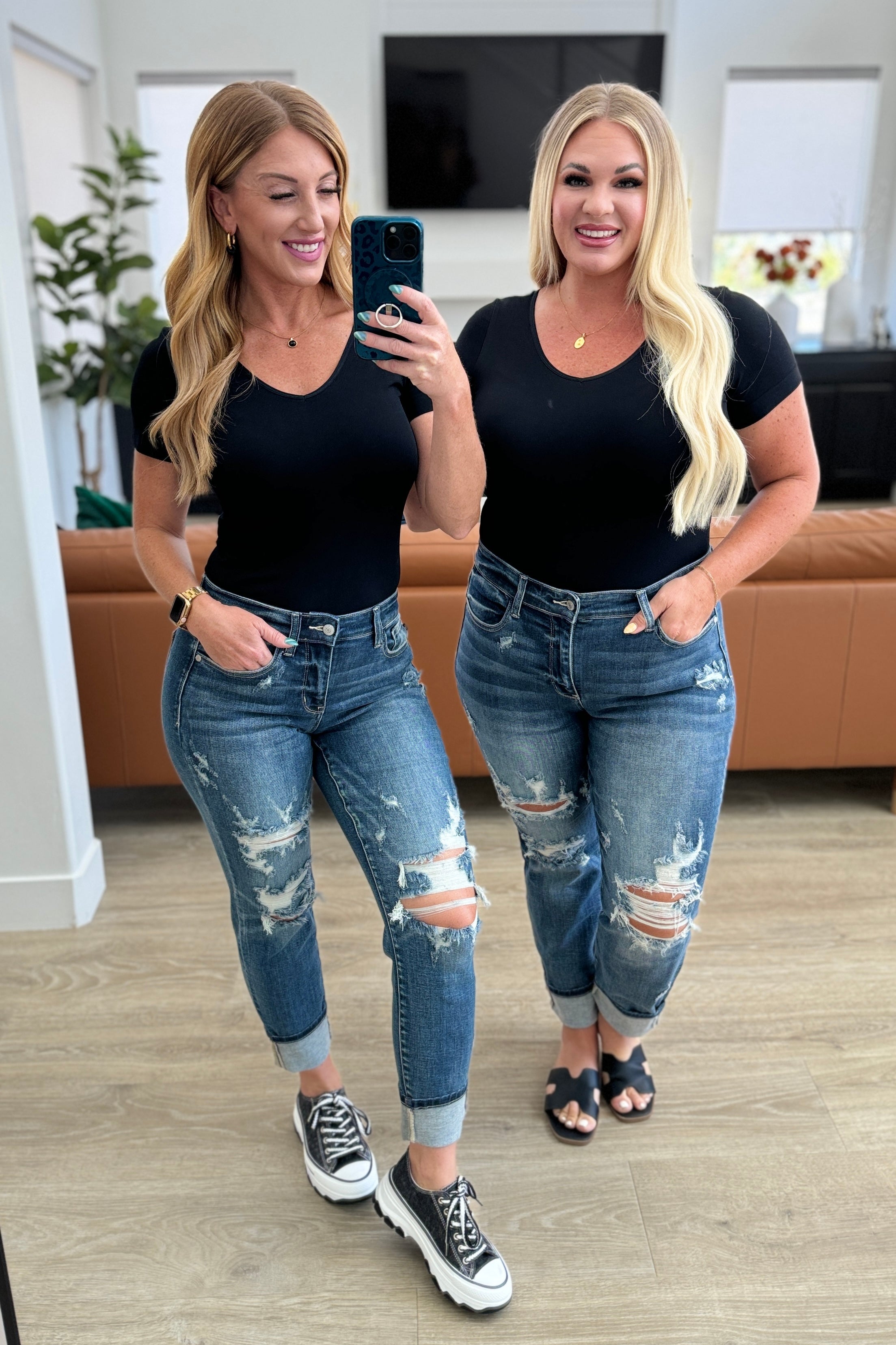 Danny Mid Rise Cuffed Destroyed Boyfriend Jeans for Women - Distressed Denim Pants with Comfortable Stretch - Perfect for Casual Outings, Street Style & Everyday Wear