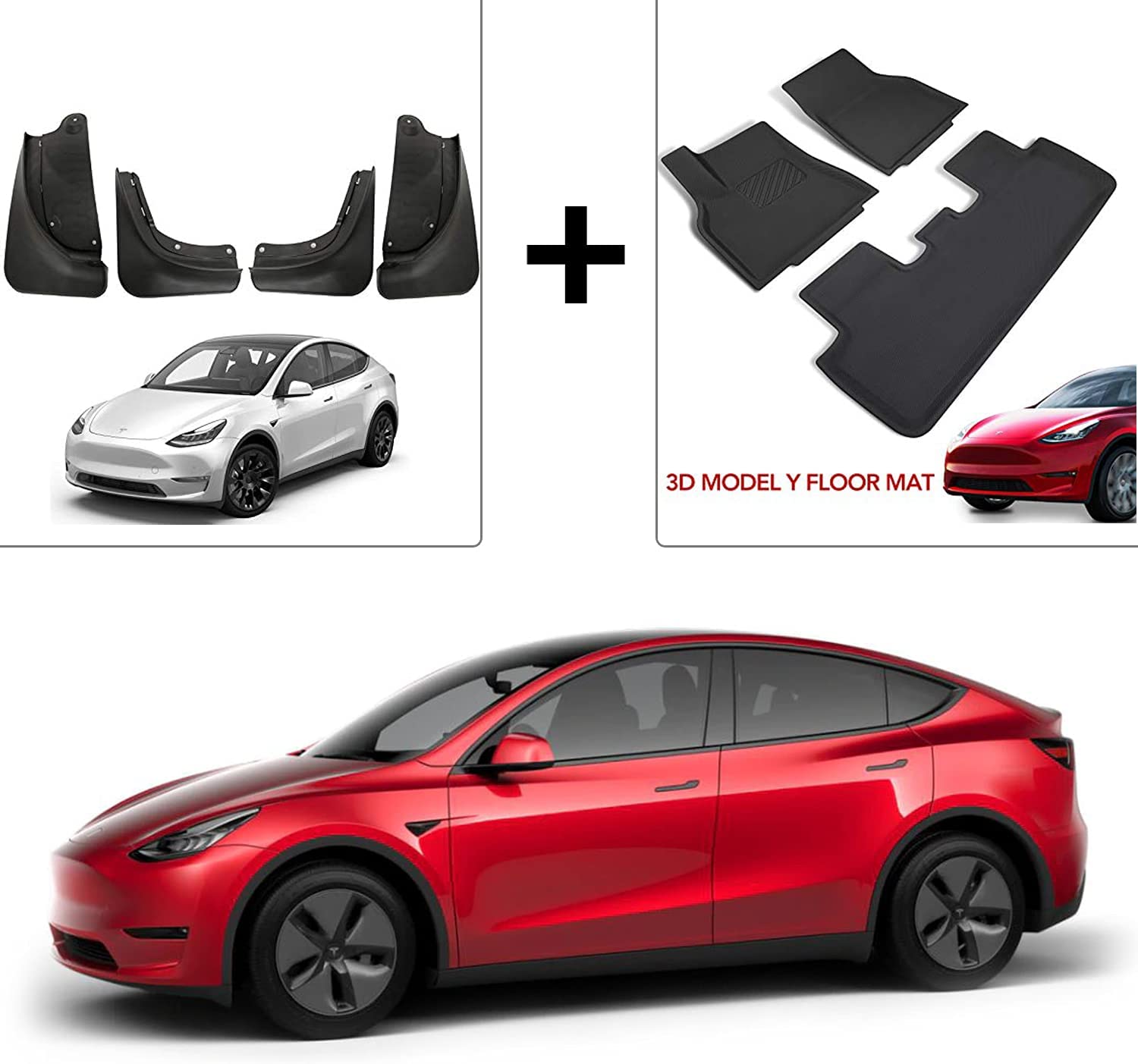 Basenor Tesla Model Y Mud Flaps & Floor Mats Set - Heavy Duty Splash Guards & All-Weather Car Mats for Model Y 2020-2023 - Perfect for Winter, Off-Road & Daily Driving Protection