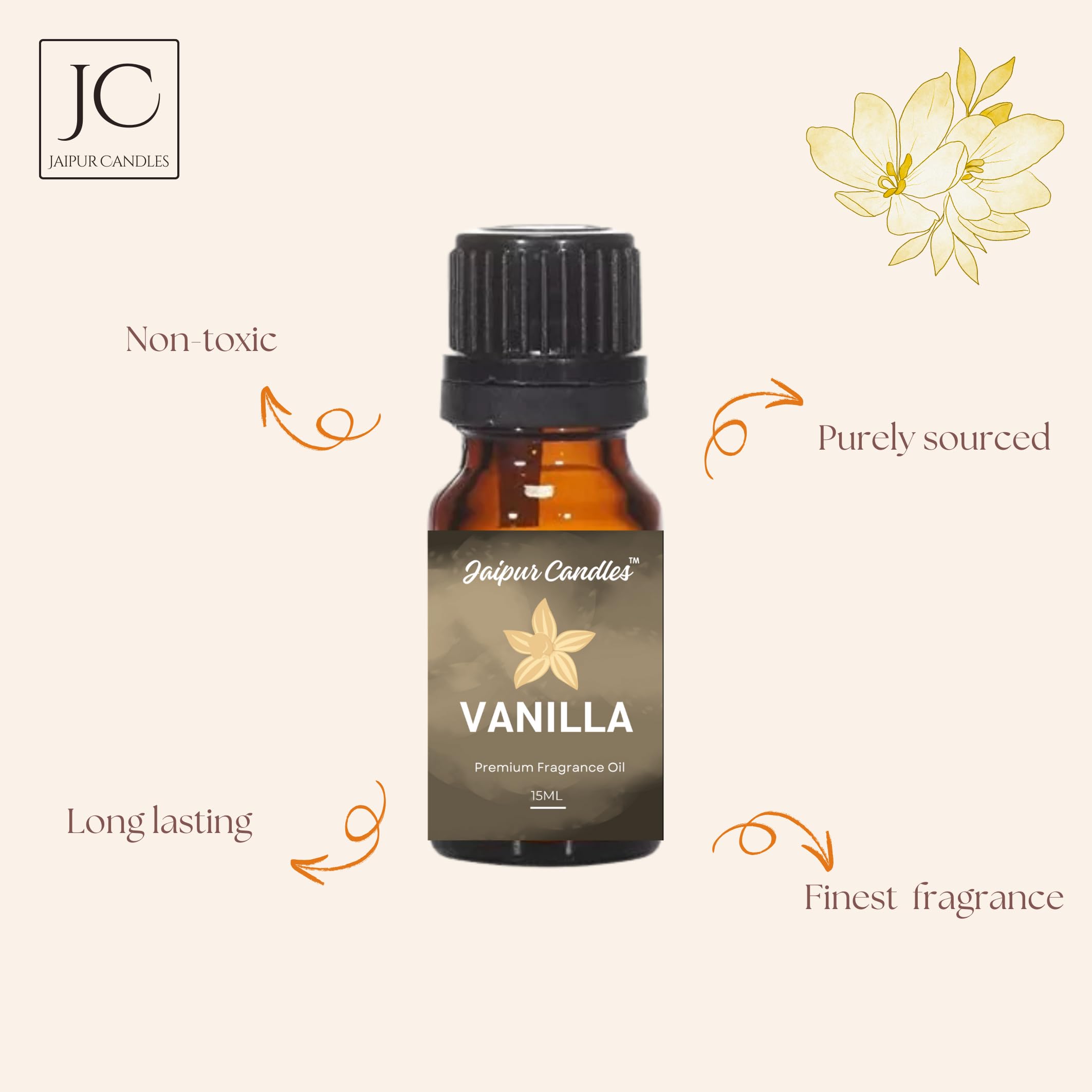 Jaipur Candles Premium Vanilla Fragrance Oil - 15ml Aromatherapy Essential Oil for Home, Diffusers, Candles & Soap Making | Long-Lasting Scent for Relaxation, Spa & Meditation | Perfect for Bedroom, Bathroom & Office Use