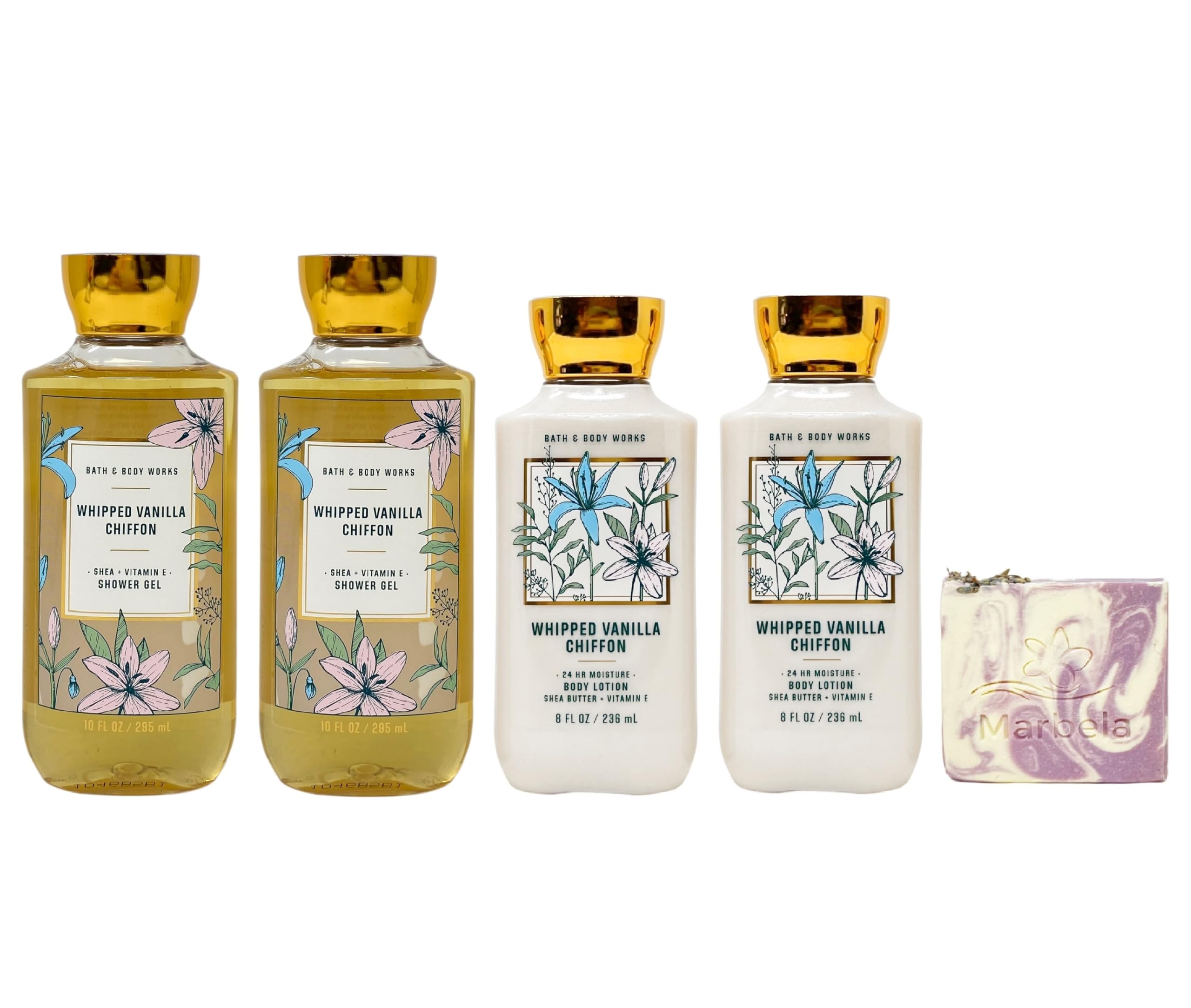 Bath & Body Works Whipped Vanilla Chiffon 4-Piece Gift Set - 2 Shower Gels & 2 Body Lotions with Lavender Dream Bar Soap | Moisturizing Bath Essentials for Women | Perfect for Self-Care, Spa Days & Gifts