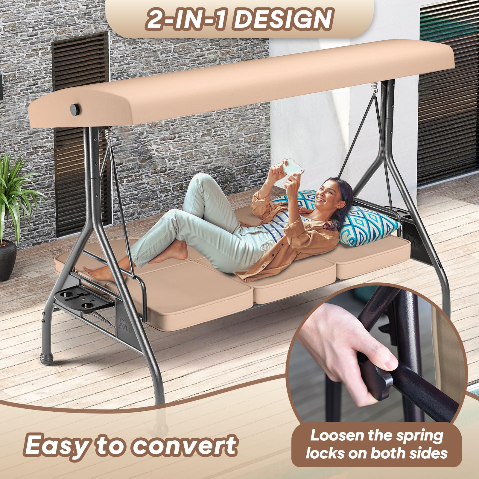 3-Seat Outdoor Porch Swing 800lbs Capacity - 2-in-1 Patio Glider Chair with Adjustable Canopy & Removable Cushions - Heavy Duty Steel Frame Swing Set with Stand for Garden, Deck, Backyard (Khaki, Round Tube) - Perfect for Relaxing, Lounging & Enjoying Outdoor Spaces