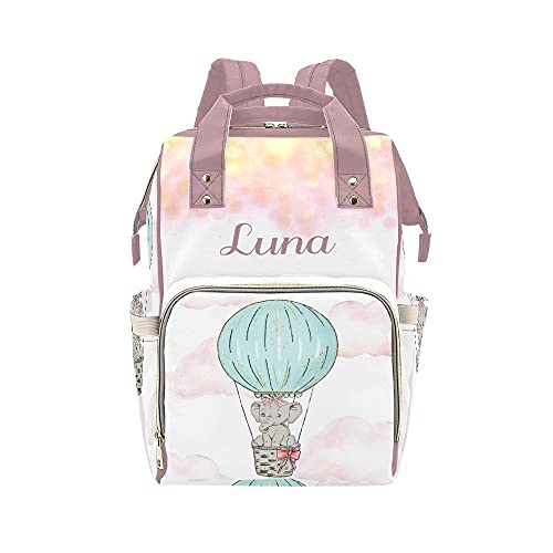 Waterproof Elephant Balloon Diaper Backpack - Personalized Name Baby Bag for Nursing Moms, Large Tote Organizer with Insulated Pockets | Perfect for Daycare, Travel & Hospital Visits
