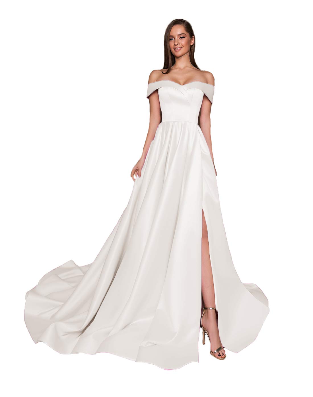 Ubride Women's Off The Shoulder Long Satin Prom Dress with Slit & Pockets - Elegant Formal Evening Gown for Homecoming, Wedding Guest, Cocktail Party & Special Occasions