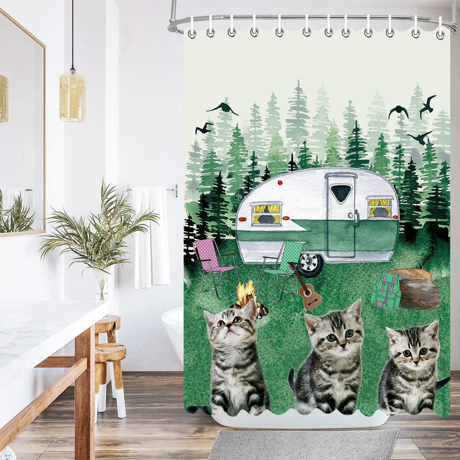 Adorable Cat Camper RV Shower Curtain Liner 47x64 Inches - Pine Tree Forest Design for Travel Trailers - Waterproof Fabric Bathroom Curtain Set for Kids & Pets - Perfect for Camping, RVs and Small Bathrooms
