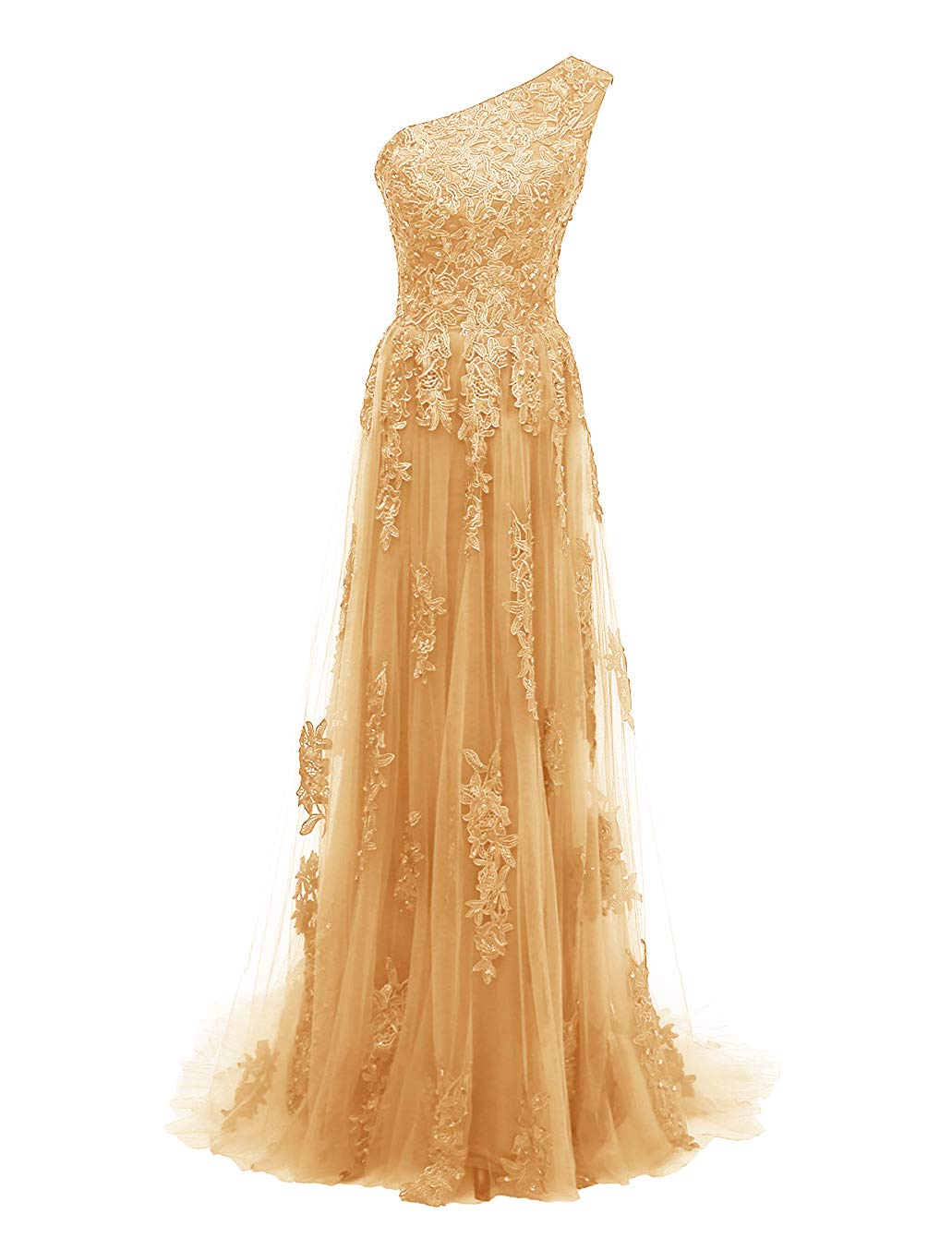 Elegant One Shoulder Evening Gown with Lace Appliques - Women's Formal Long Prom Dress for Parties, Galas & Special Occasions