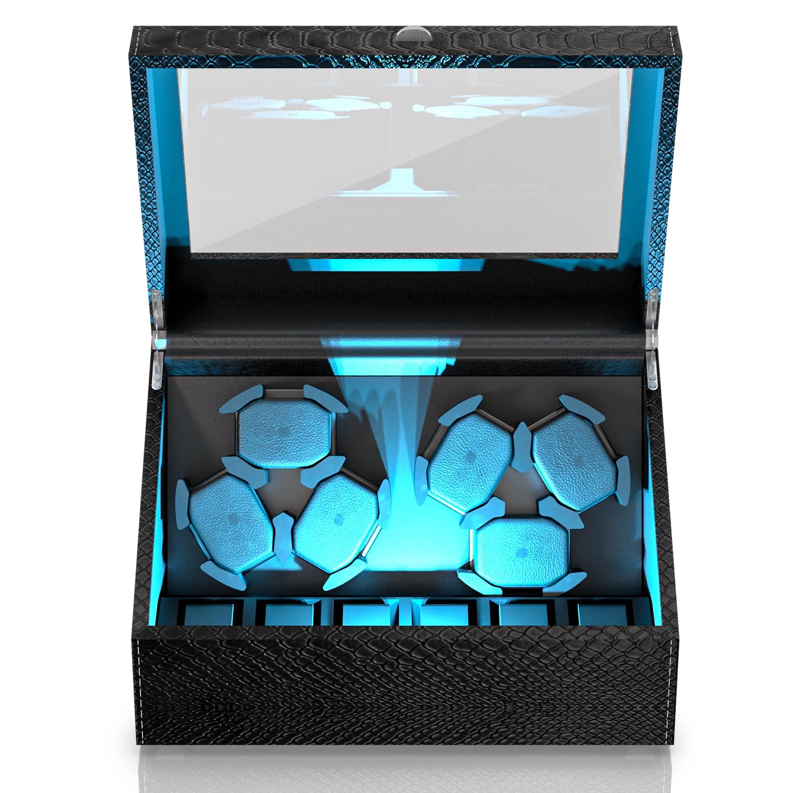 Premium Automatic Watch Winder for Men - 4/6 Slot Mabuchi Motor with 6 Extra Storage, Serenity Blue LED Backlight, Genuine Leather Case & Soft Velvet Interior | Open Lid Stop Technology & 4 Rotation Modes | Perfect for Watch Collectors, Travel & Nightstand Display