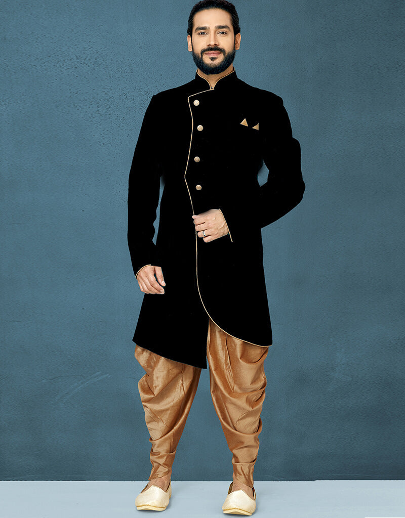 Black Kurta Dhupion Art Silk Dhoti Set for Men - Traditional Indian Ethnic Wear for Festivals, Weddings & Cultural Events