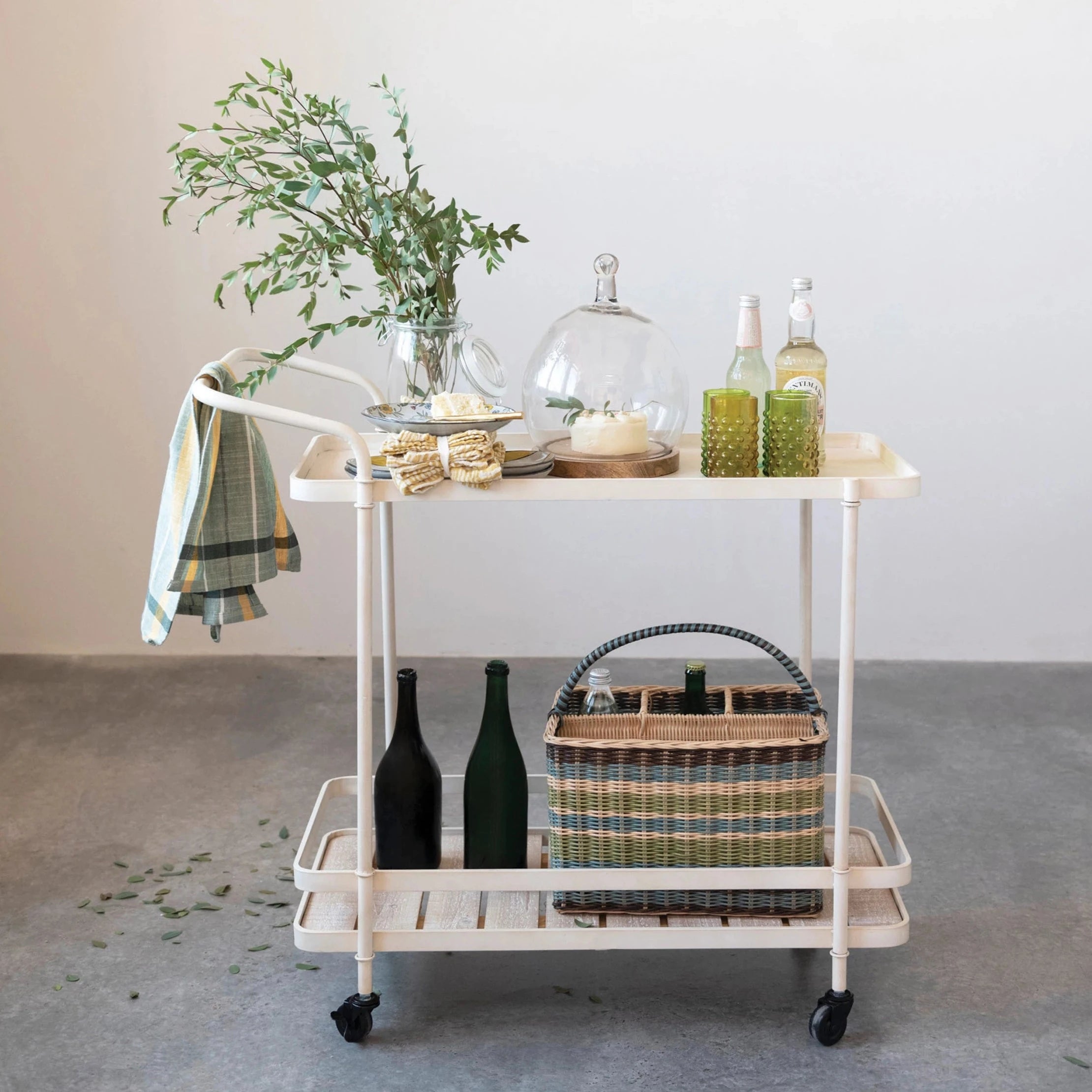 Stylish Metal Two-Tier Bar Cart with Fir Wood Slatted Shelf - Perfect for Home Bar, Kitchen Storage & Outdoor Entertaining