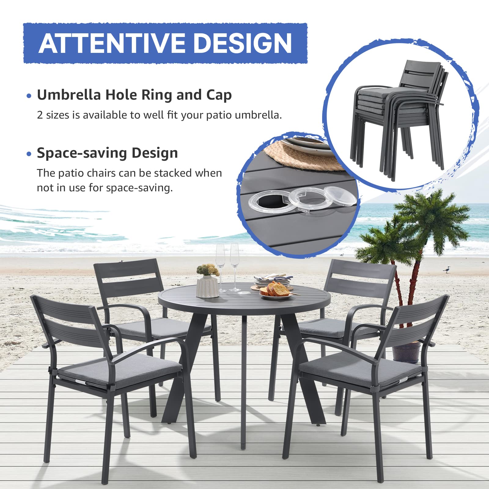 5-Piece Outdoor Dining Set with Round Table & 4 Stackable Chairs - Aluminum Patio Furniture Set with Cushions & Umbrella Hole - Perfect for Garden, Yard, Porch & Poolside - Dark Gray