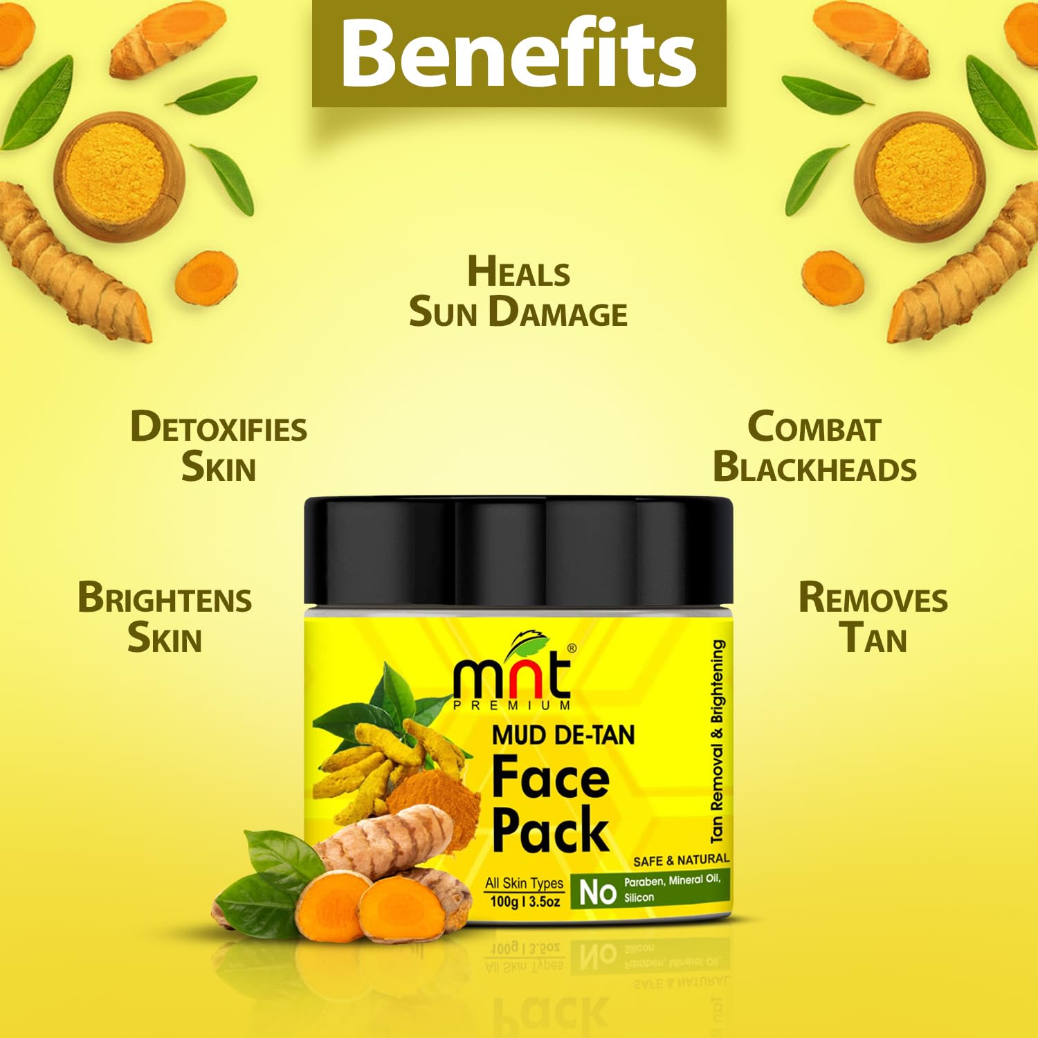 Natural MNT Mud De-Tan Face Pack with Turmeric & Tea Tree Oil - Tan Removal & Skin Brightening for All Skin Types | 100g | Perfect for Post-Sun Care & Glowing Skin