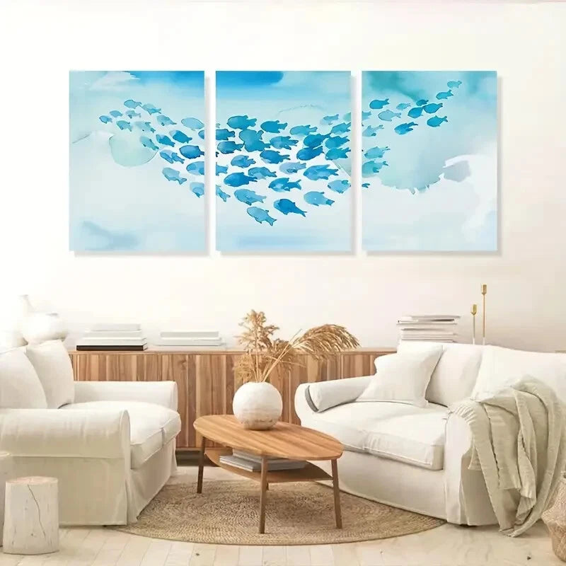 3-Piece Blue Minnows School Swimming Abstract Metal Wall Art - Ready to Hang Fish Decor for Living Room, Office & Coastal Home Decor