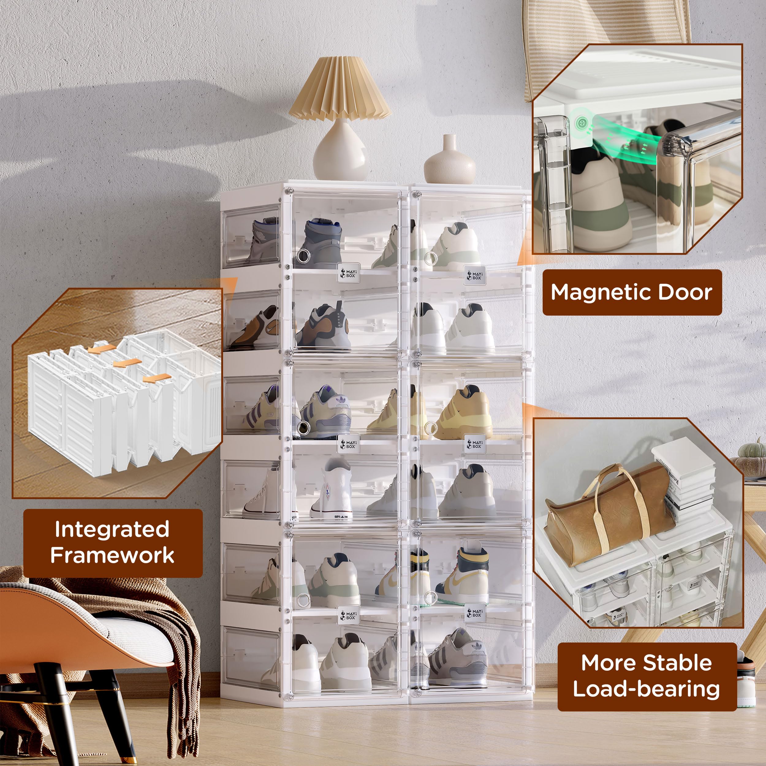 Foldable Shoe Rack Organizer - 10-Tier Stackable Plastic Shoe Storage Cabinet with Magnetic Clear Doors, Holds 20 Pairs - Space Saving Closet & Entryway Solution for Sneakers, Boots & Heels - Perfect for Small Apartments, Dorm Rooms & Mudroom Organization