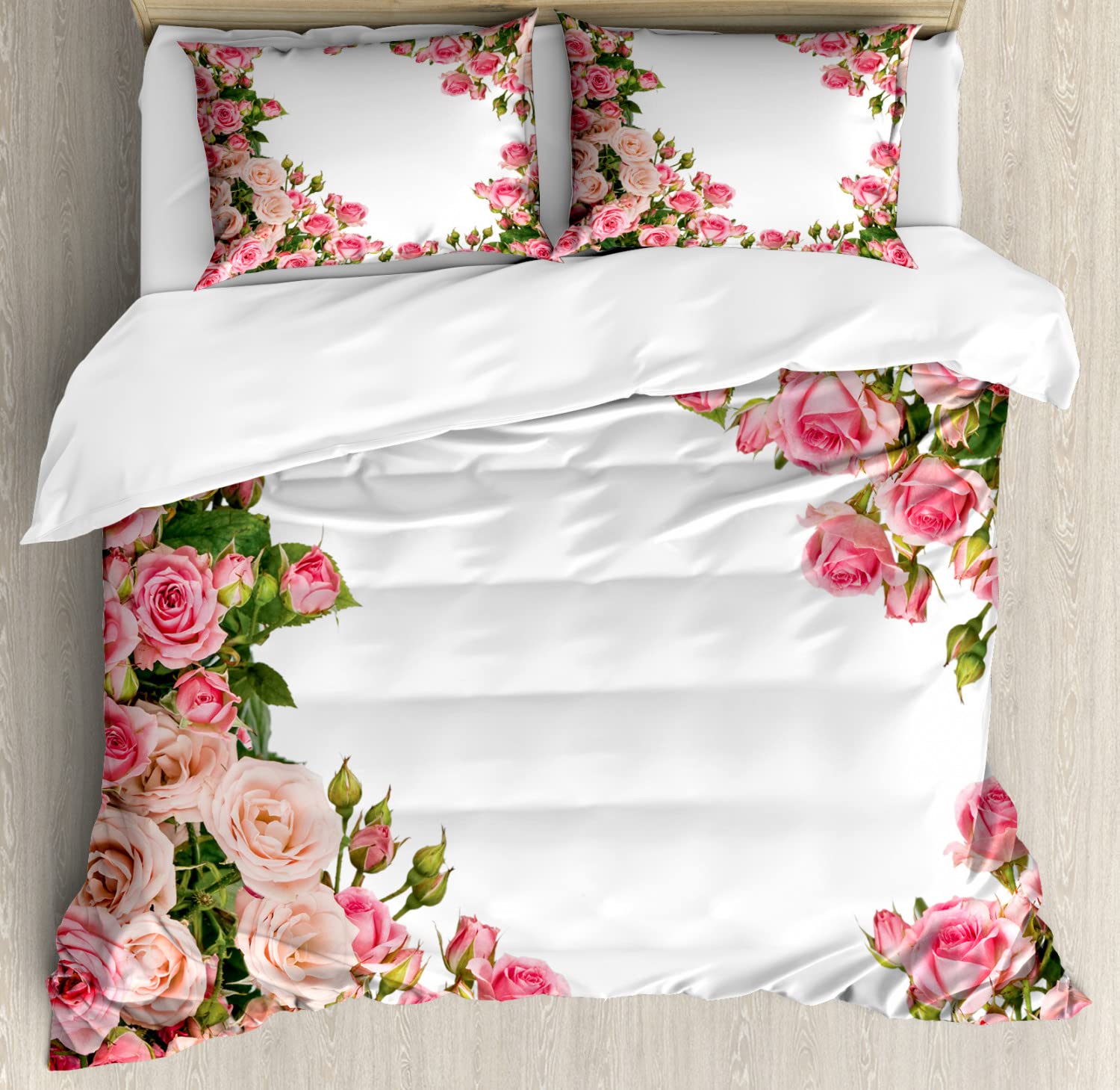 Ambesonne Rose Floral Duvet Cover Set - 2 Pack Twin Size, Pink Green White Bridal Themed Bedding with 2 Pillowcases | Perfect for Wedding Decor, Guest Room & Summer Bedroom Makeover