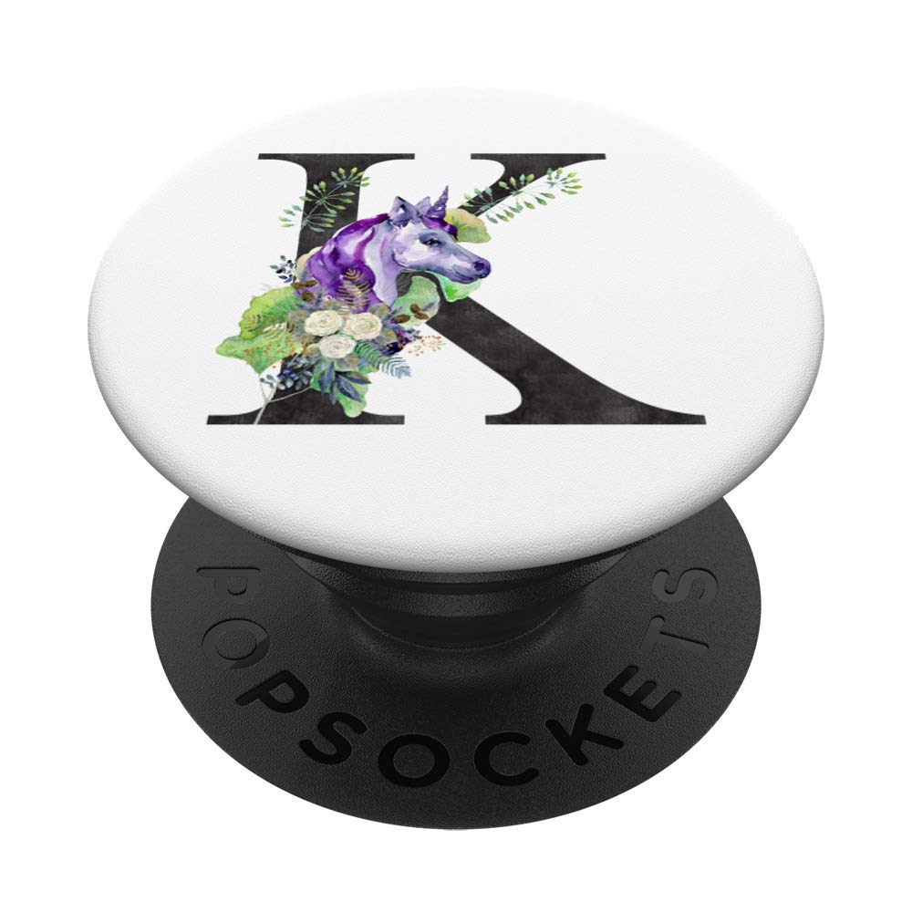 Initial Letter K Floral Unicorn Watercolor Monogram PopSockets PopGrip - Swappable Phone & Tablet Stand with Grip | Perfect for K-Pop Fans, Unicorn Lovers & Personalized Gifts