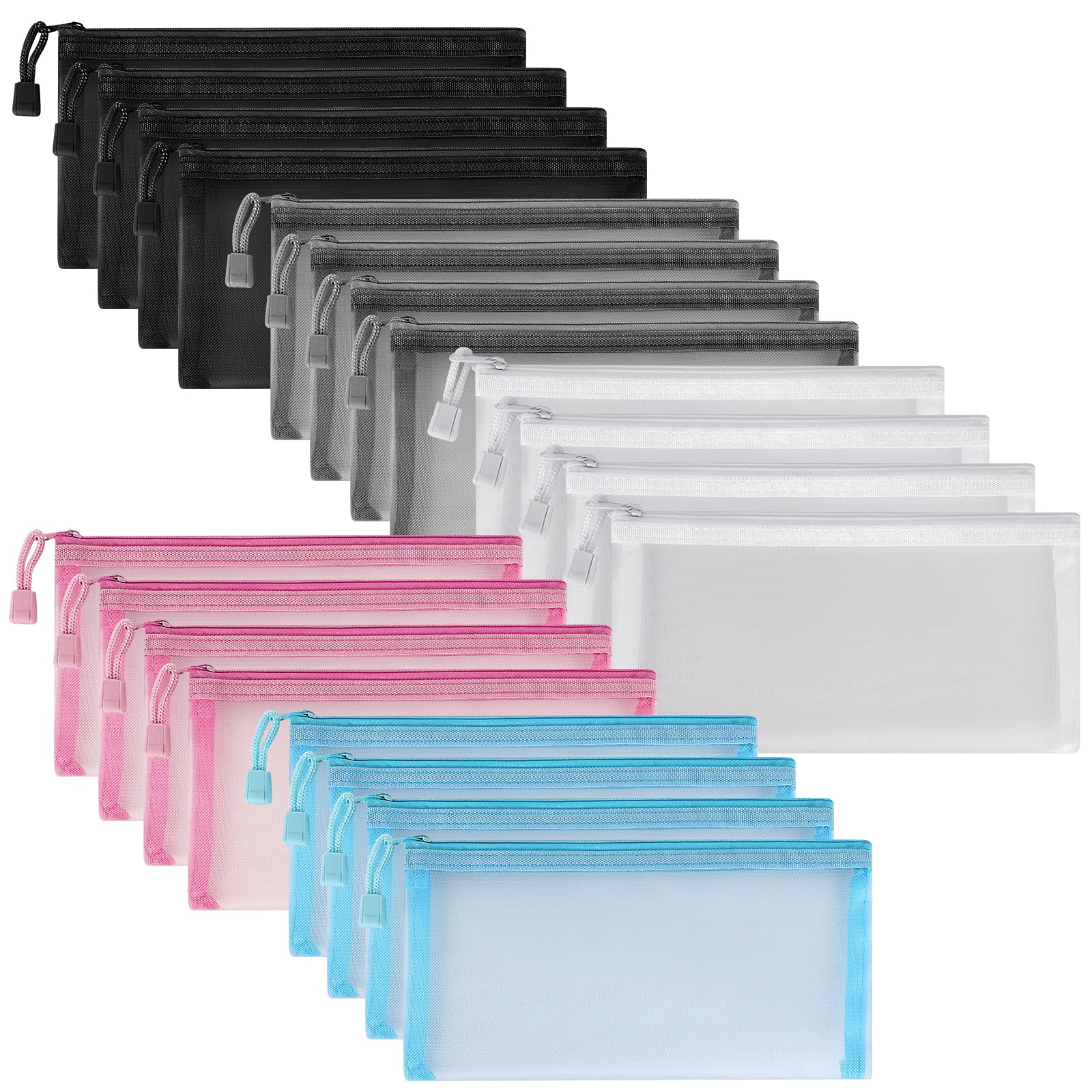 20 Pack Multicolored Zipper Mesh Pouch - Waterproof Pen Pencil Case for School, Office & Travel - Organize Cosmetics, Stationery & Accessories - 10 Assorted Colors (Ideal for Students, Artists & Travelers)
