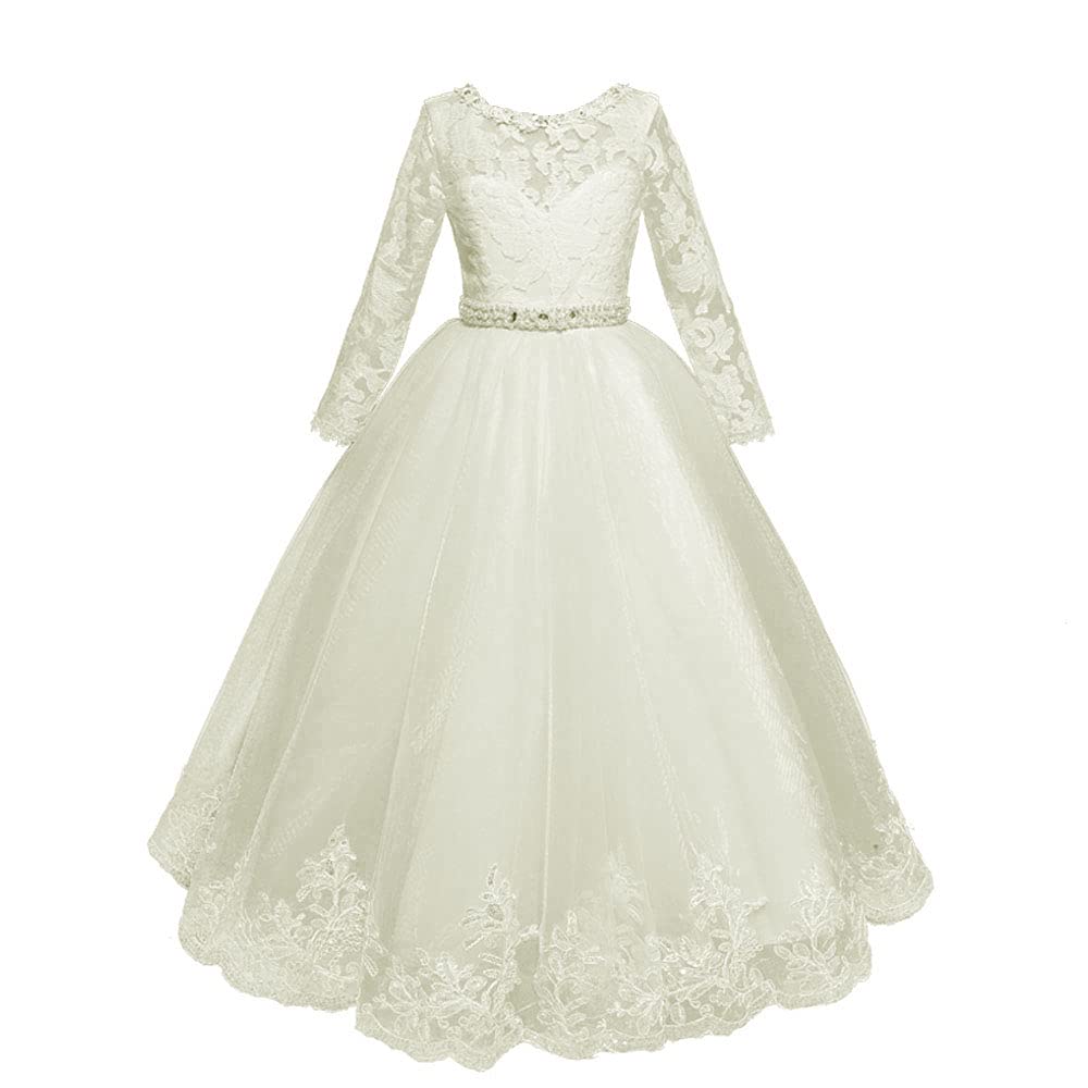 Elegant Long Lace Flower Girl Dress with Lace Back - First Communion & Wedding Pageant Gown - Perfect for Special Occasions, Church Ceremonies, and Formal Events