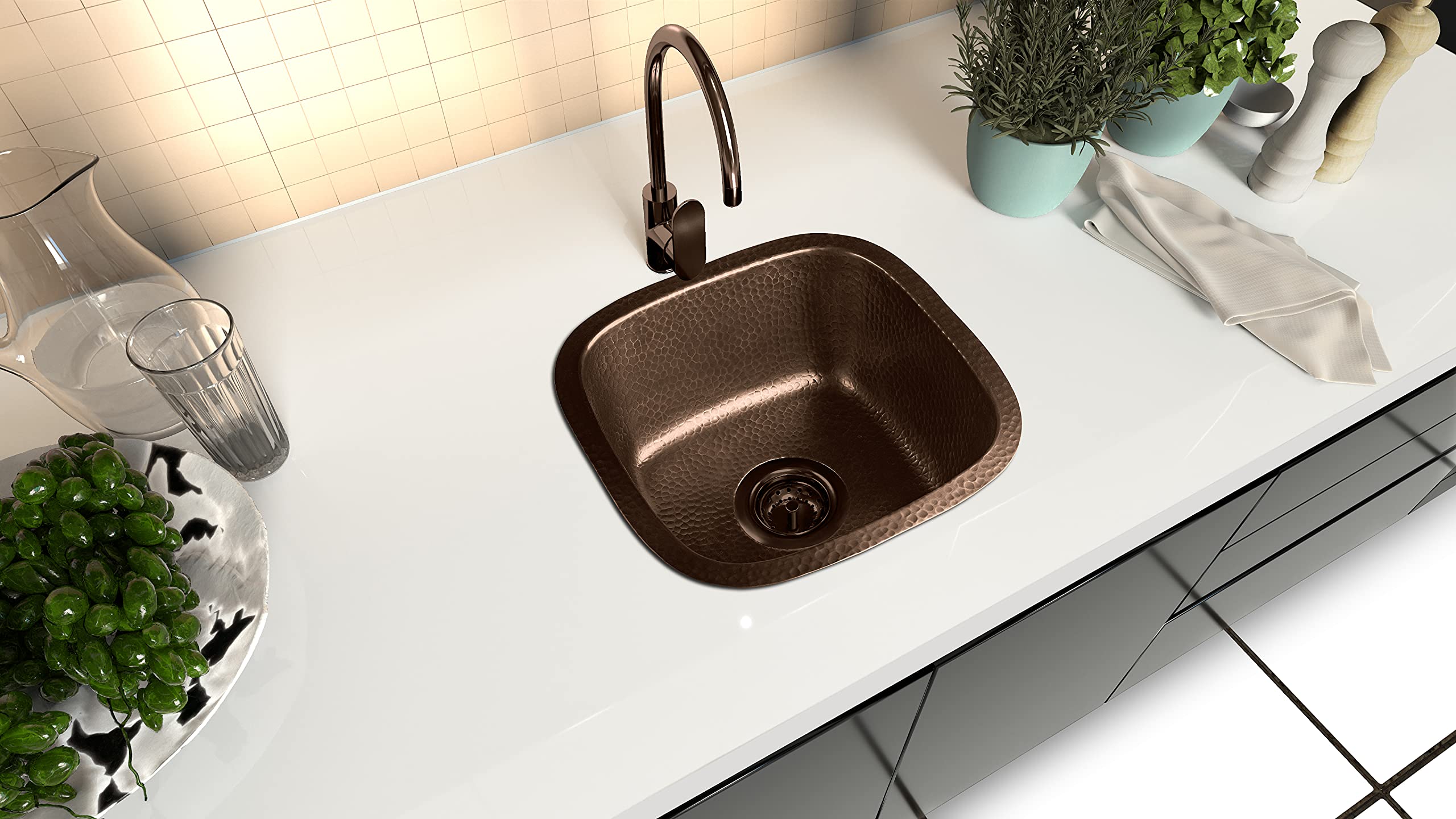 Monarch Abode 17091 Pure Copper Hand Hammered Atlas Dual Mount Bar Prep Sink (15 inches) - Premium Kitchen Sink for Bar, Restaurant & Home Use