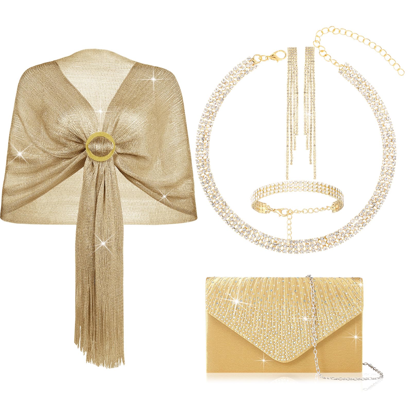 Hicarer 5-Piece Women's Accessory Set - Elegant Shawls, Wraps, Evening Clutch Bag & Rhinestone Jewelry for Weddings, Parties & Special Occasions