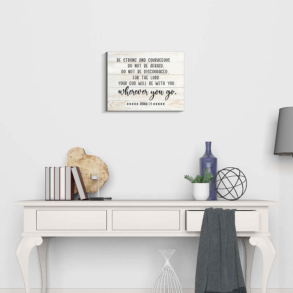 Christian Wall Art - Joshua 1:9 Bible Verse Wooden Sign 'Be Strong and Courageous' (13.7x10.6 Inch) Inspirational Home Decor for Bedroom, Living Room, Office & Church