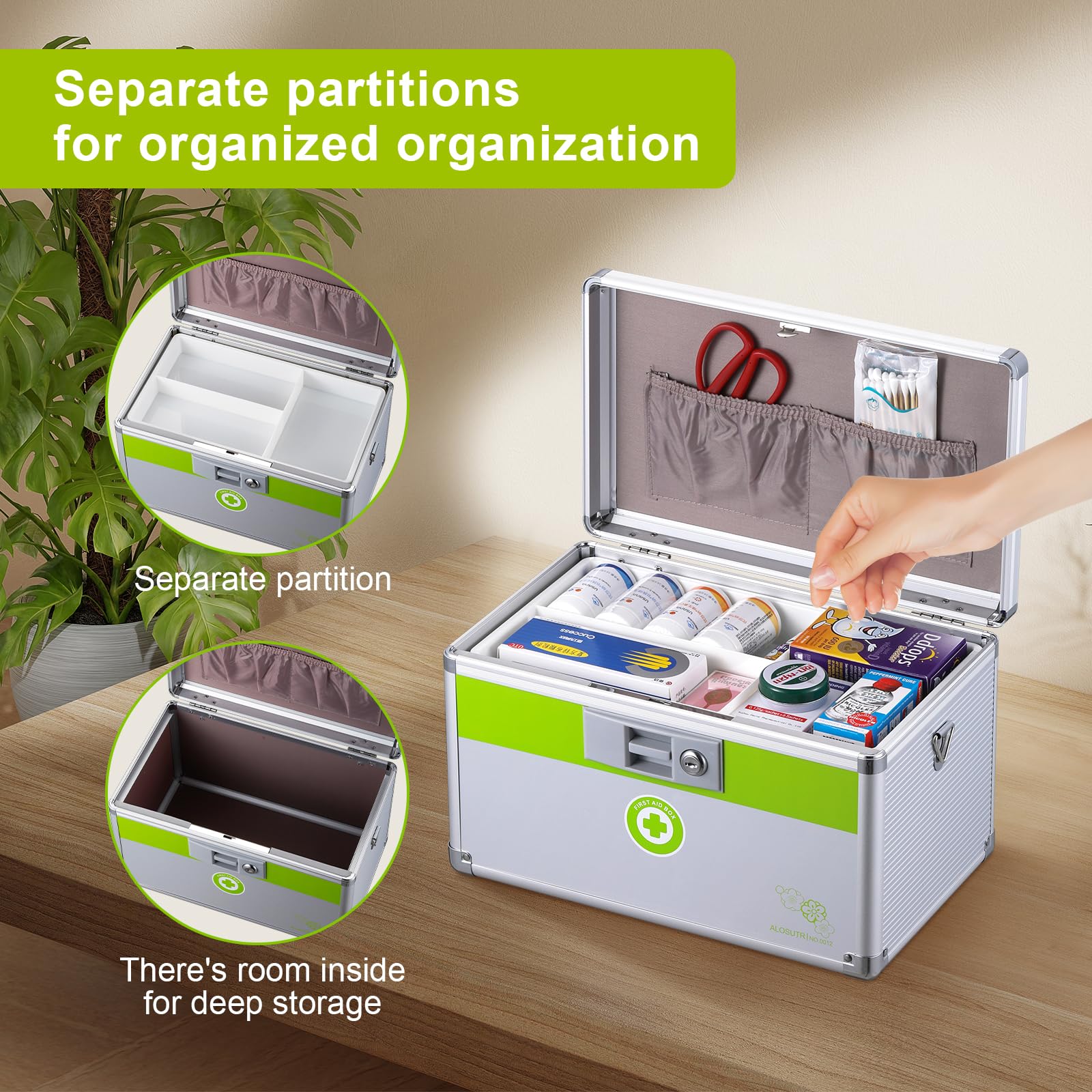 Extra Large Medication Lock Box with Key - 15.9 x 9.3 x 8.9 Inches Silver Medicine Storage Safe | Modern Style Secure Container for Prescription Drugs, Vitamins & First Aid Supplies | Ideal for Home, Travel & Child Safety