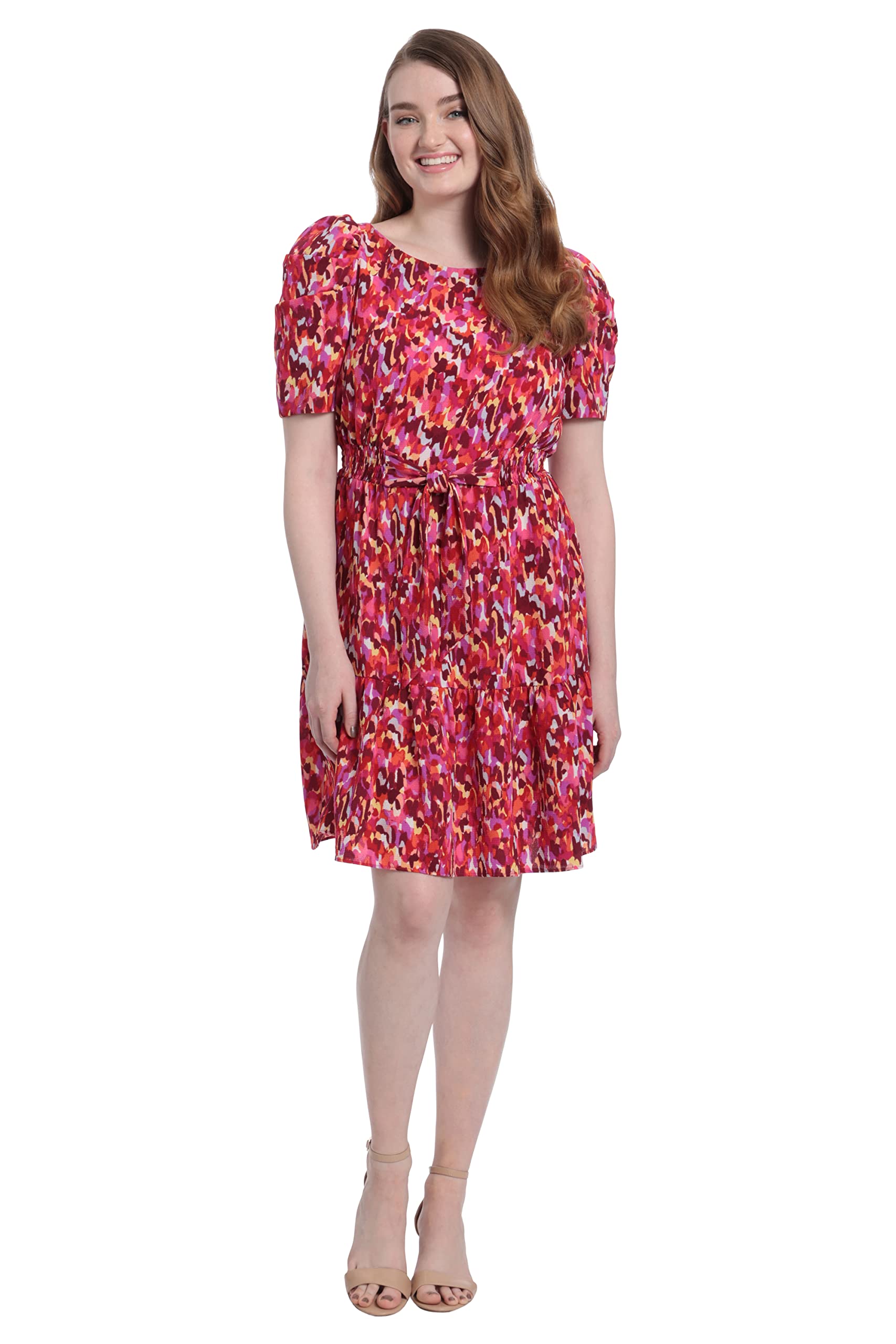London Times Women's Smocked Dress with Bow - Elegant Puff Sleeve for Parties & Events