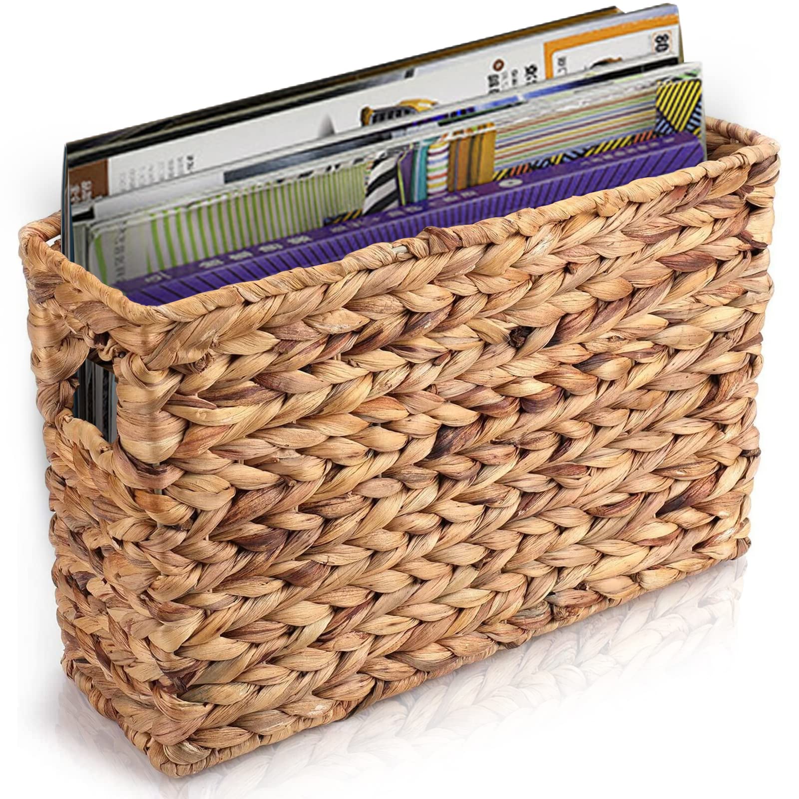 Yesland Hand-Woven Natural Water Hyacinth Magazine Basket - 15.5 x 5.5 x 9.75 Inch Narrow Wicker Storage Bin for Home Office Desk - Perfect for Organizing Magazines, Books & Office Supplies in Living Room or Workspace