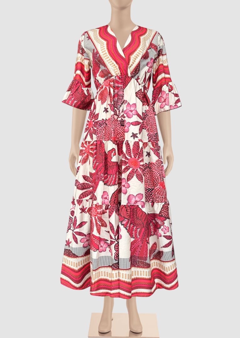 Zenara Women's Floral Print V-Neck Maxi Dress in Red - Perfect for Summer Beach Vacations, Parties & Casual Outings