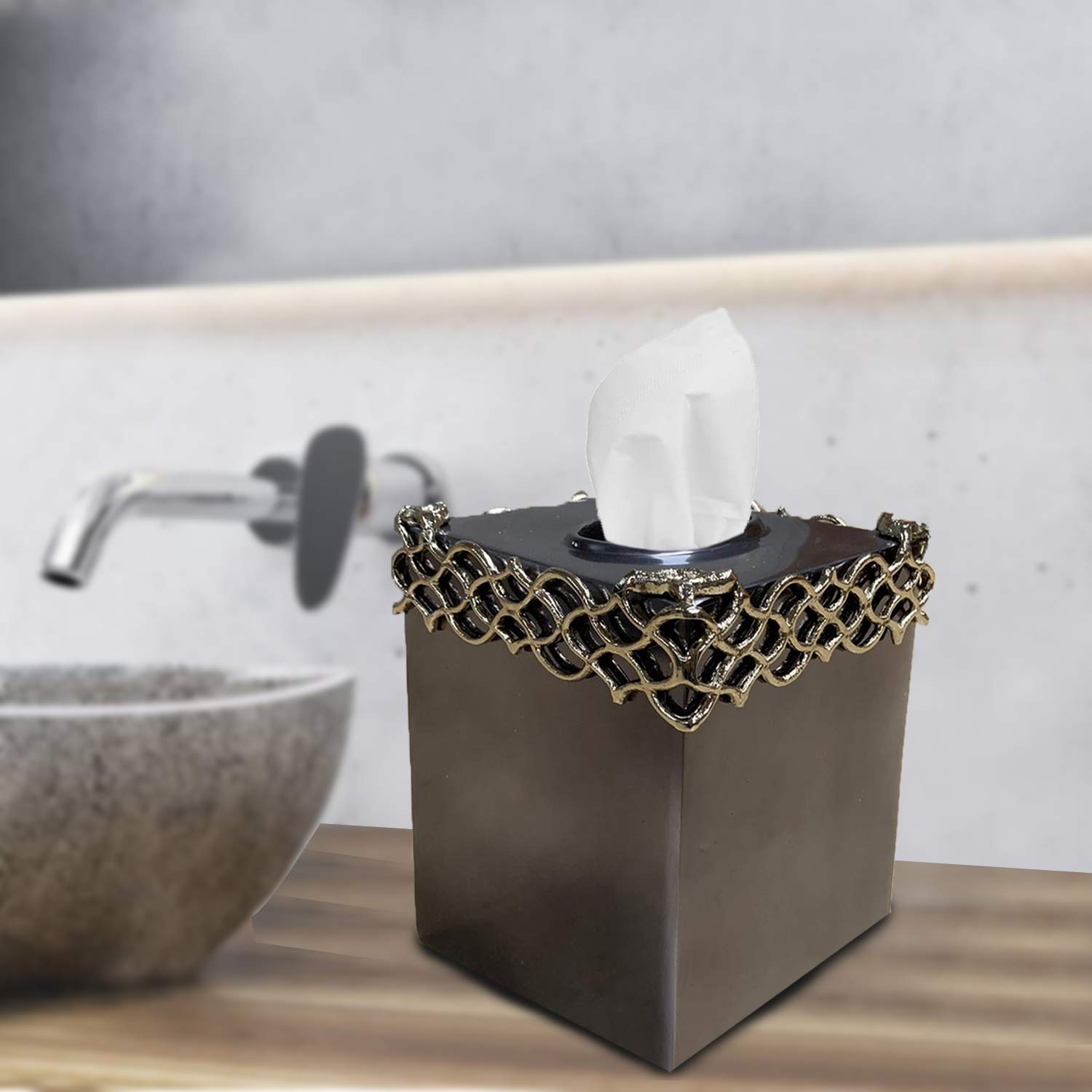 Decozen Gold Tissue Box Cover - Elegant Paper Towel Holder & Toilet Paper Dispenser for Kitchen, Bathroom, Bedroom Decor | Arabesque Collection | Perfect for Countertops, Dressers & Home Accessories