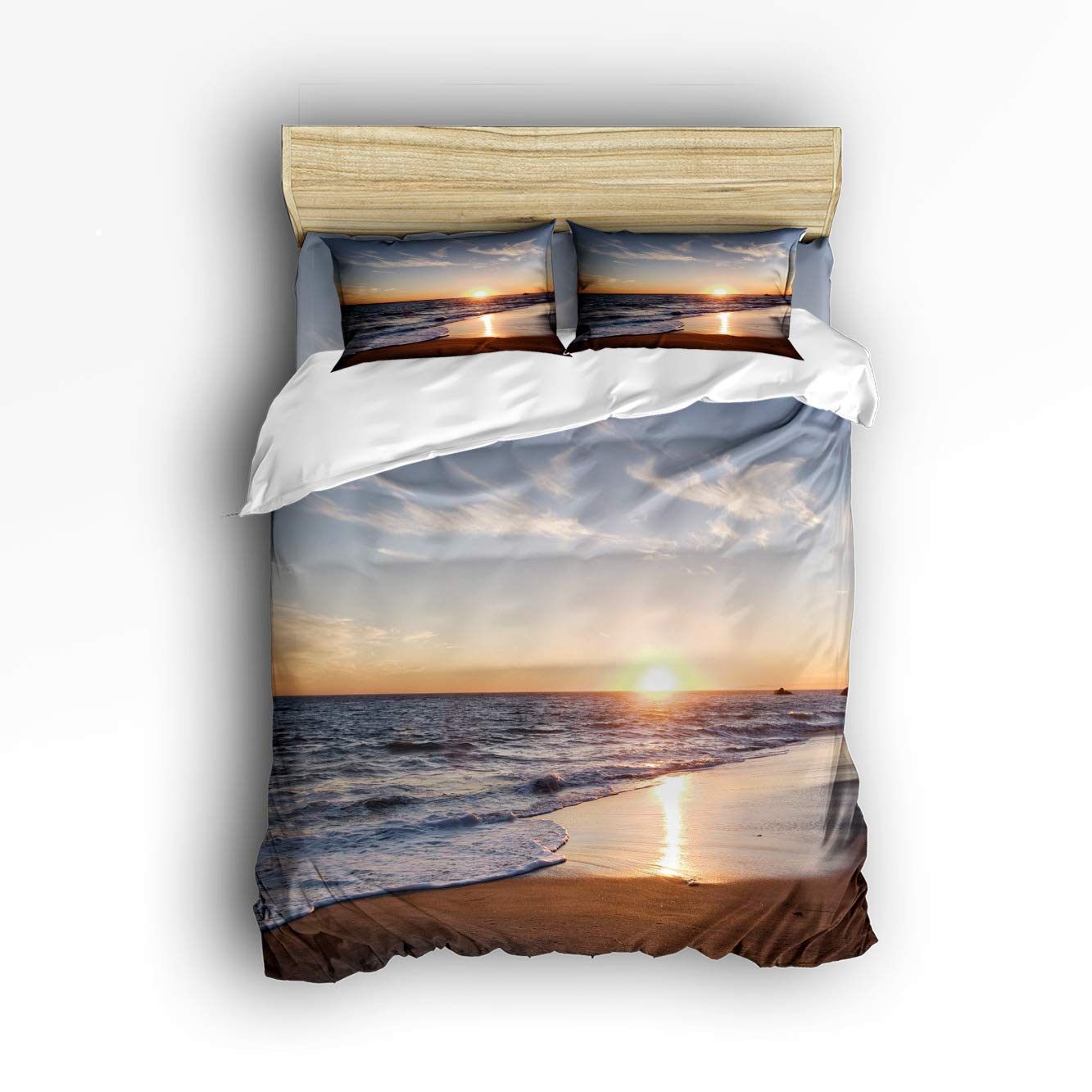 USOPHIA Queen Size 4-Piece Bed Sheet Set - Sunset Beach 3D Floral Printed Duvet Cover Set with Pillowcases | Soft Microfiber Bedding for Comfortable Sleep | Perfect for Beach House, Guest Room & Master Bedroom Decor