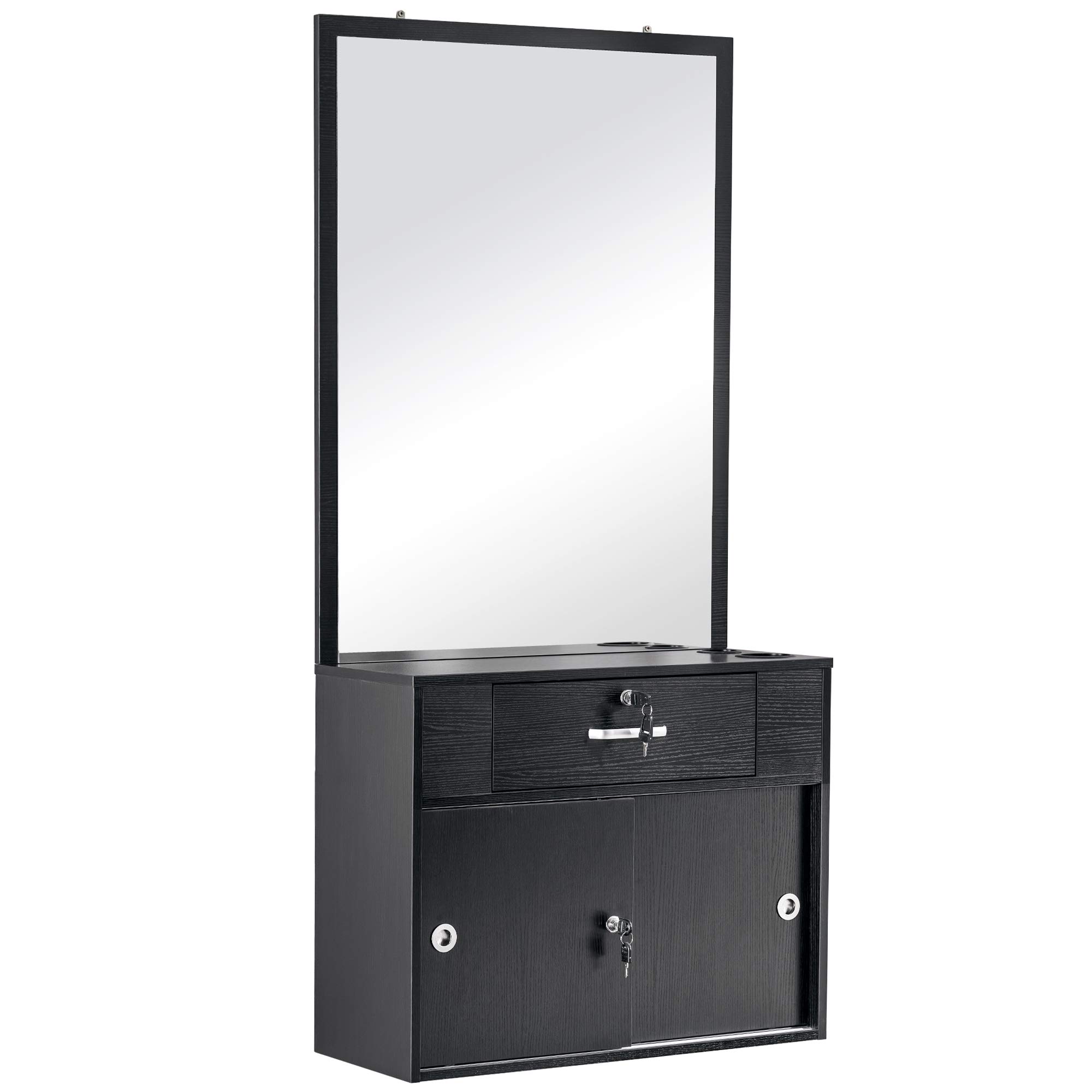 Professional Wall Mount Barber Salon Station with Vanity Mirror & Makeup Table - Black Beauty Stylist Equipment with Storage Drawers for Home & Commercial Use (Model 3066) - Perfect for Barber Shops, Salons & Personal Grooming Stations