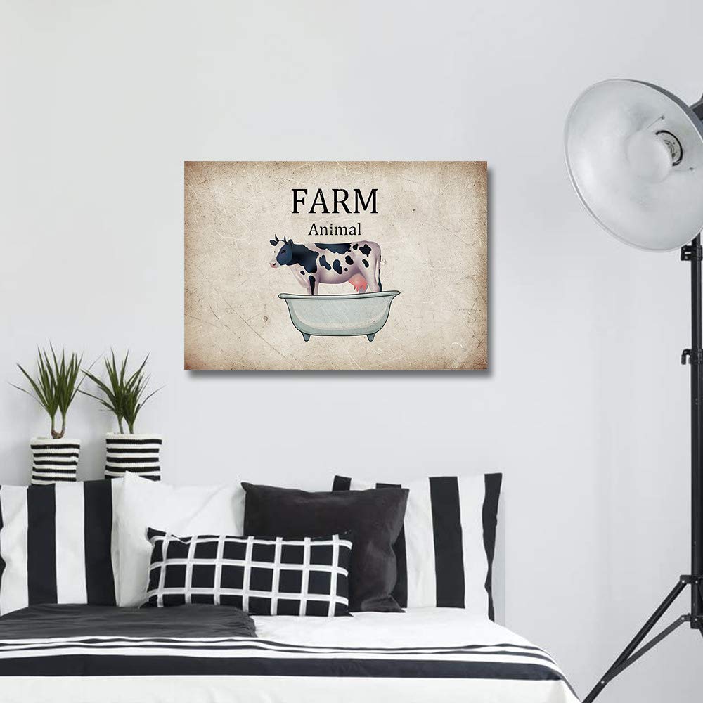 Funny Cow in Bathtub Canvas Wall Art - Retro Farm Animal Painting for Living Room, Bedroom & Bathroom Decor - 24x16 Inch Ready to Hang Picture - Perfect for Farmhouse, Country Style or Humorous Home Decor