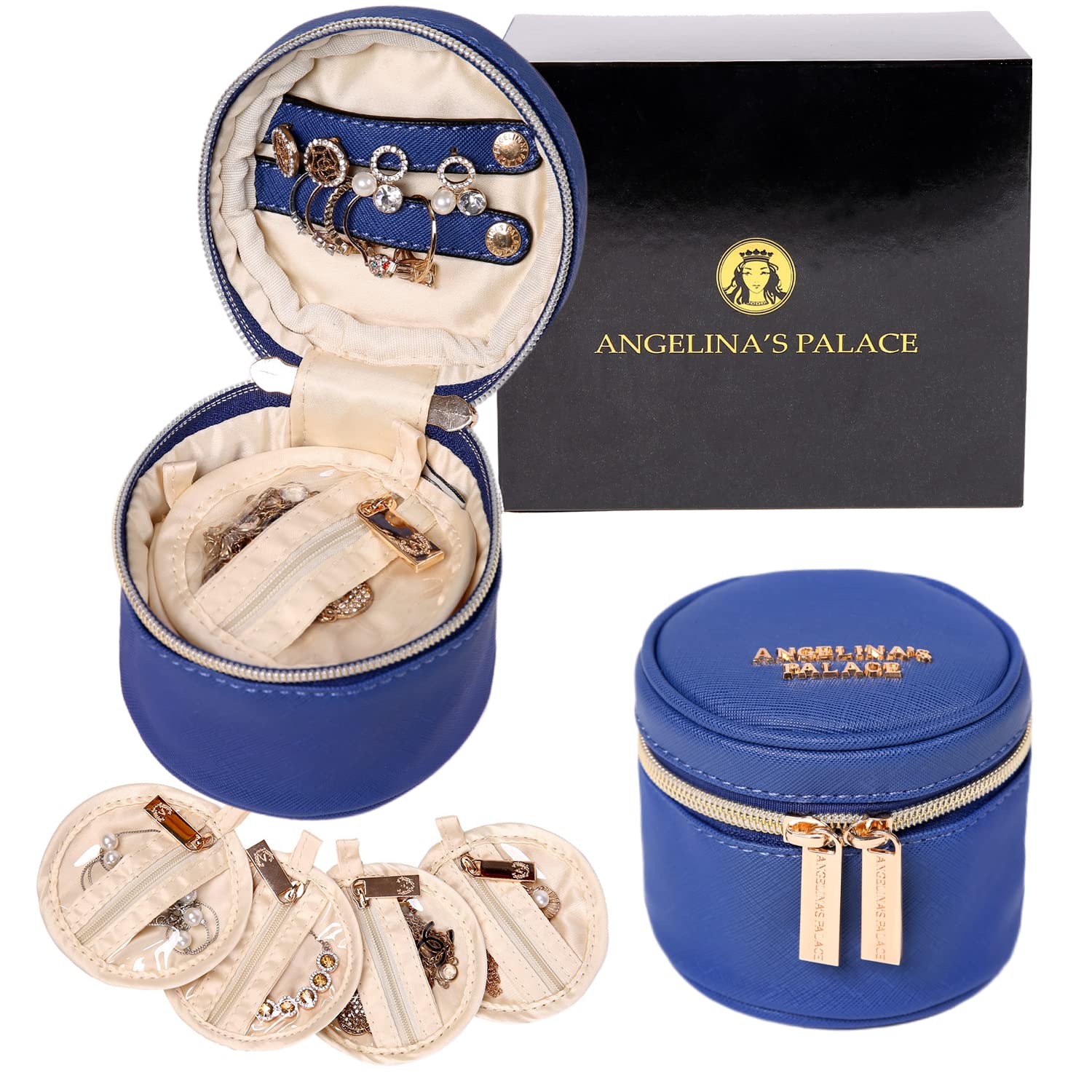 Angelina's Palace Round Jewelry Organizer Travel Case - Vegan Leather Storage Box for Necklaces, Earrings, Bracelets & Rings (Dark Chambray) | Perfect Bridesmaid Gift & Travel Jewelry Organizer for Women