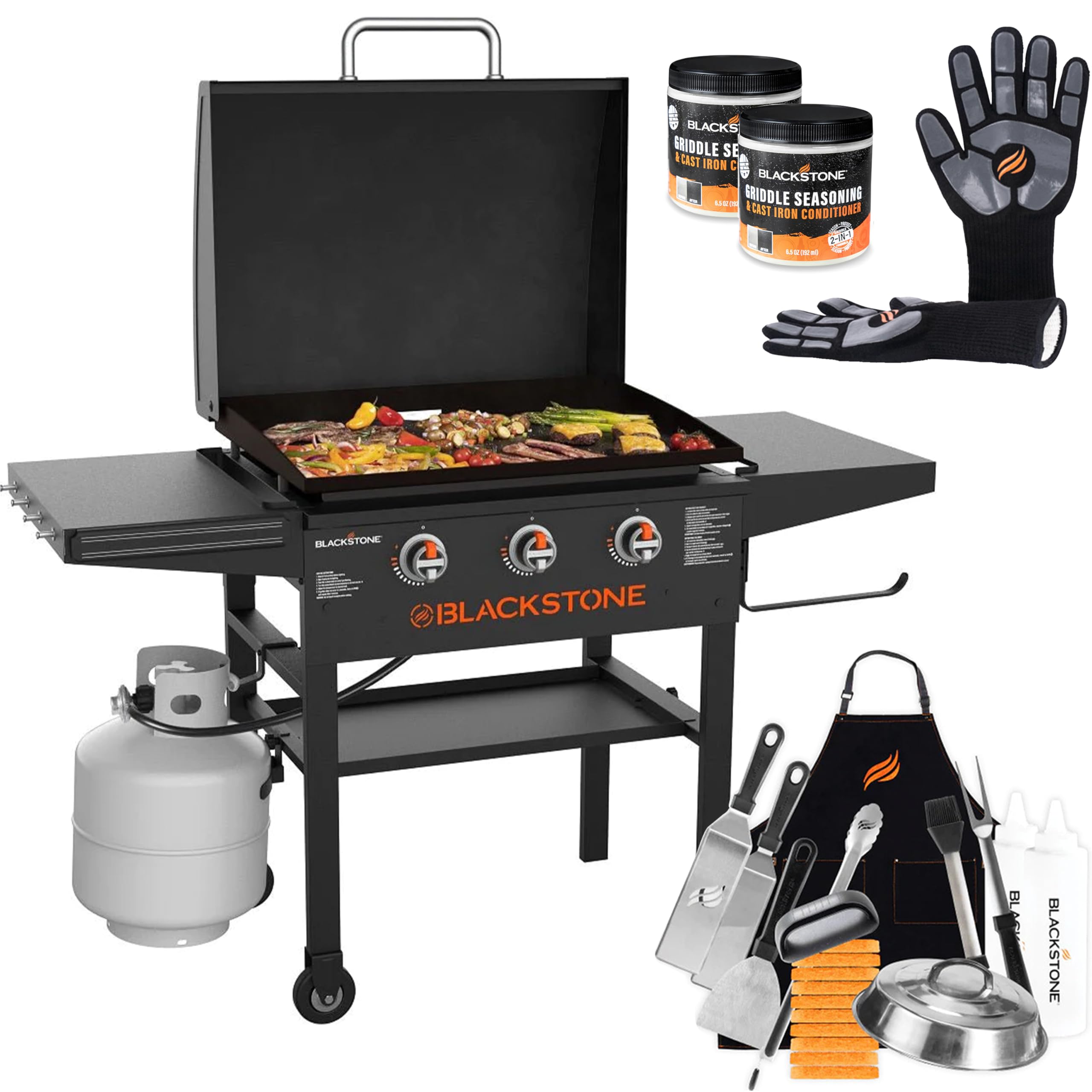 28 Inch Blackstone Griddle 2080 with Hood - XL 3-Burner Outdoor Flat Top Gas Grill with Accessories, Seasoning Kit & Gloves - Perfect for Backyard BBQs, Camping & Tailgating Parties