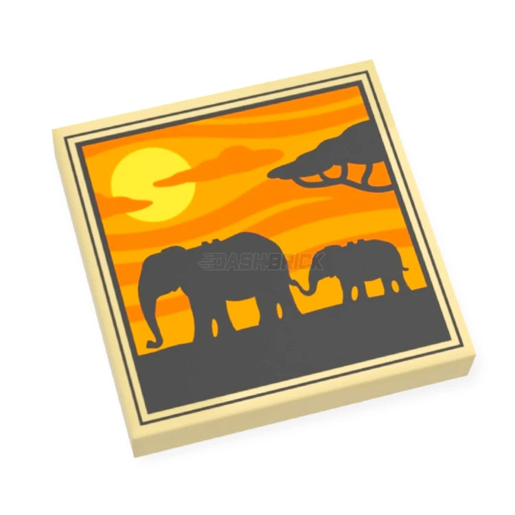 LEGO Minifigure Accessory - Africa Savannah Painting Tile with 2 Elephants, Tree & Sunset (2x2 Tile) [3068bpb1644] - Perfect for LEGO City Sets, Safari Dioramas & Collector Displays