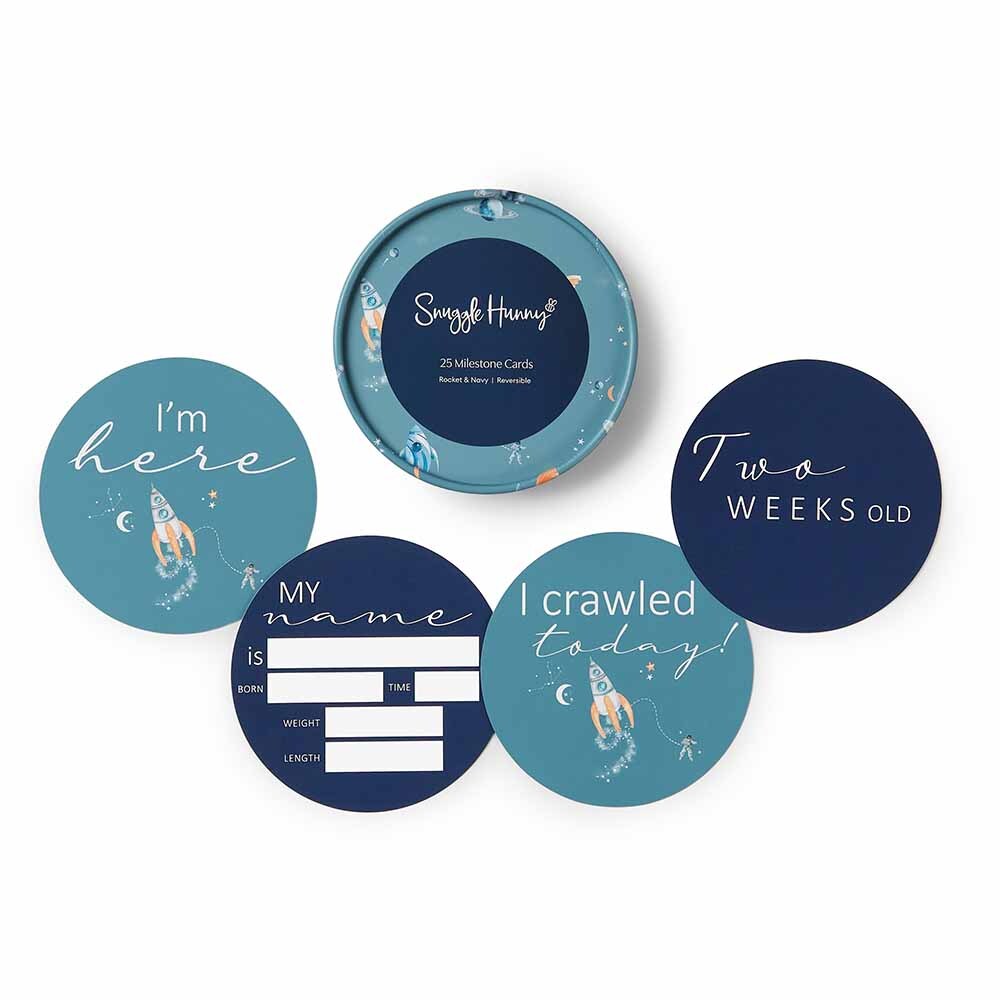Snuggle Hunny Reversible Milestone Baby Photo Cards - Rocket & Navy Design for Newborn Photography & First Year Memories