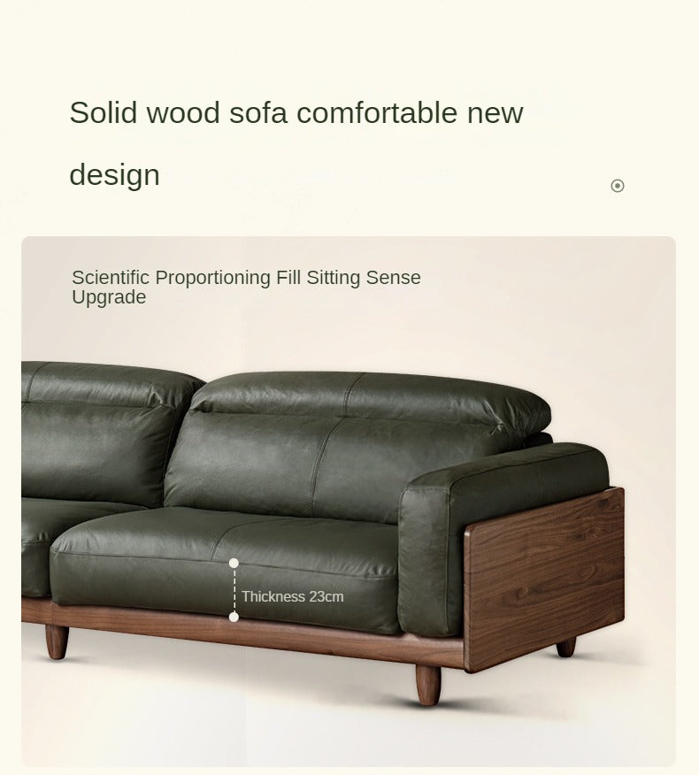 Premium Black Walnut Solid Wood Leather Sofa - Italian Modern Luxury Living Room Furniture for Home & Office Decor