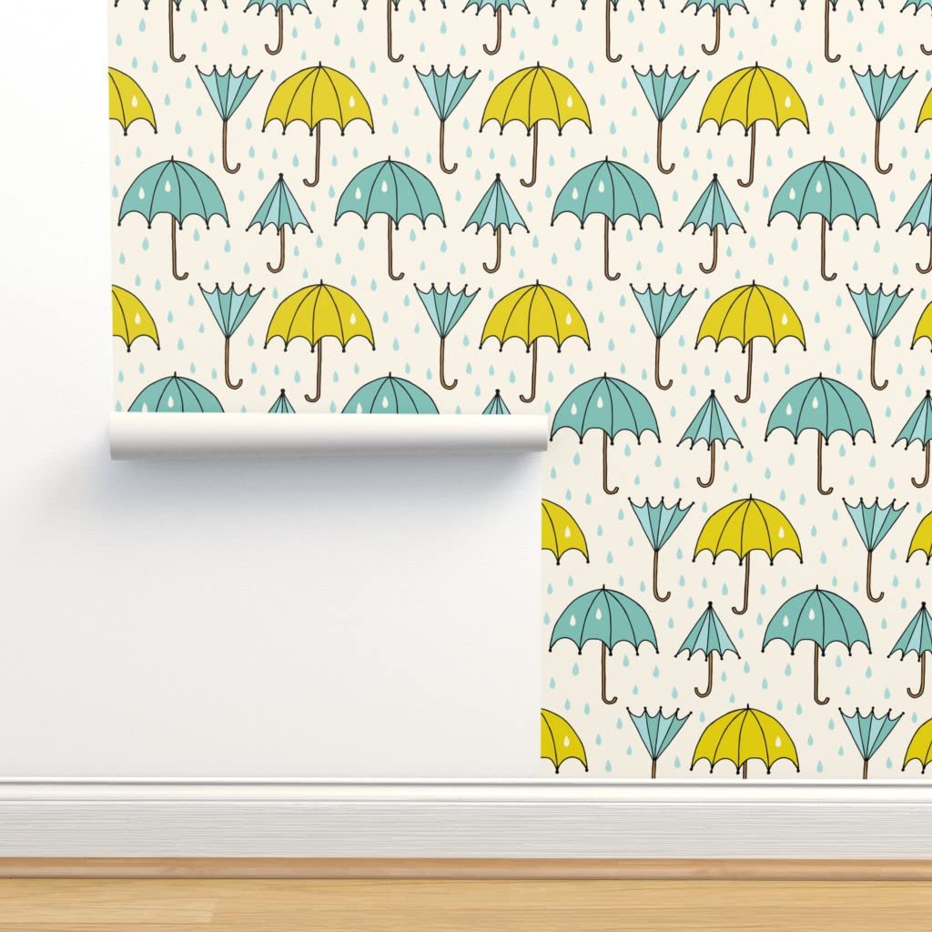 Peel & Stick Removable Wallpaper 12ft x 2ft - Modern Raindrop & Umbrella Design in Teal & Chartreuse | Gender Neutral Nursery, Bedroom, or Office Decor | Easy DIY Home Improvement